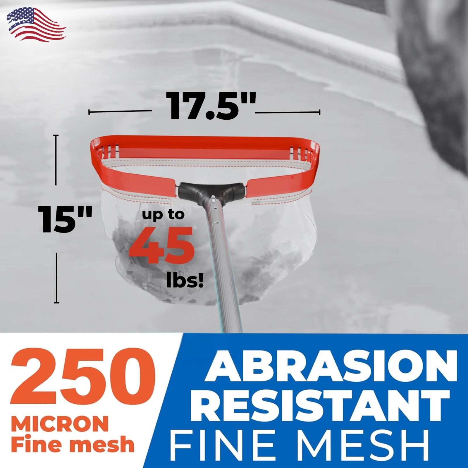 17&Prime; Silt Net Pool Skimmer – Heavy-Duty Aluminum Frame, Ultra-Fine Net, EZ-Clip