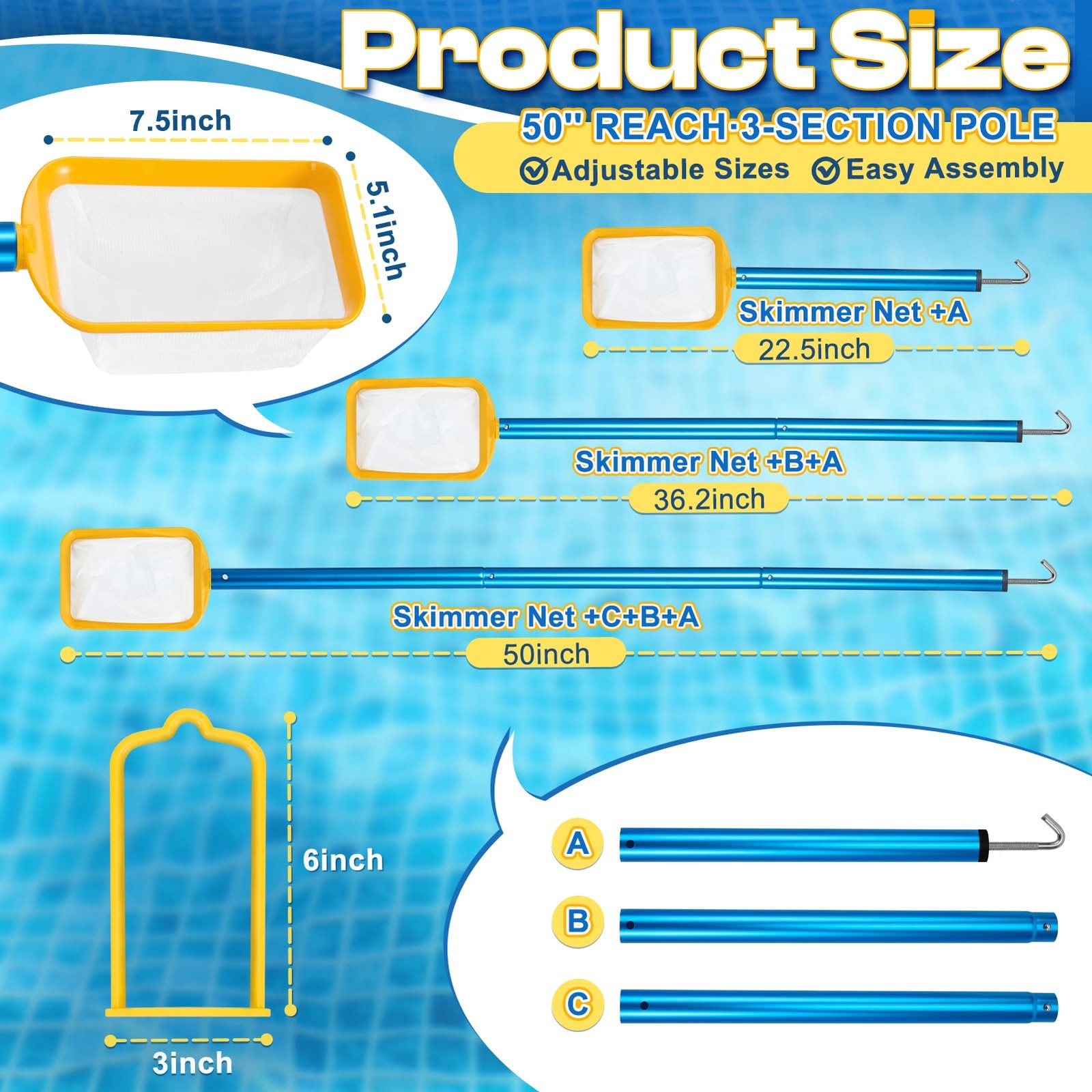 50in 2-in-1 Pool Skimmer Tool with Stainless Steel Hook and Detachable Fine M…