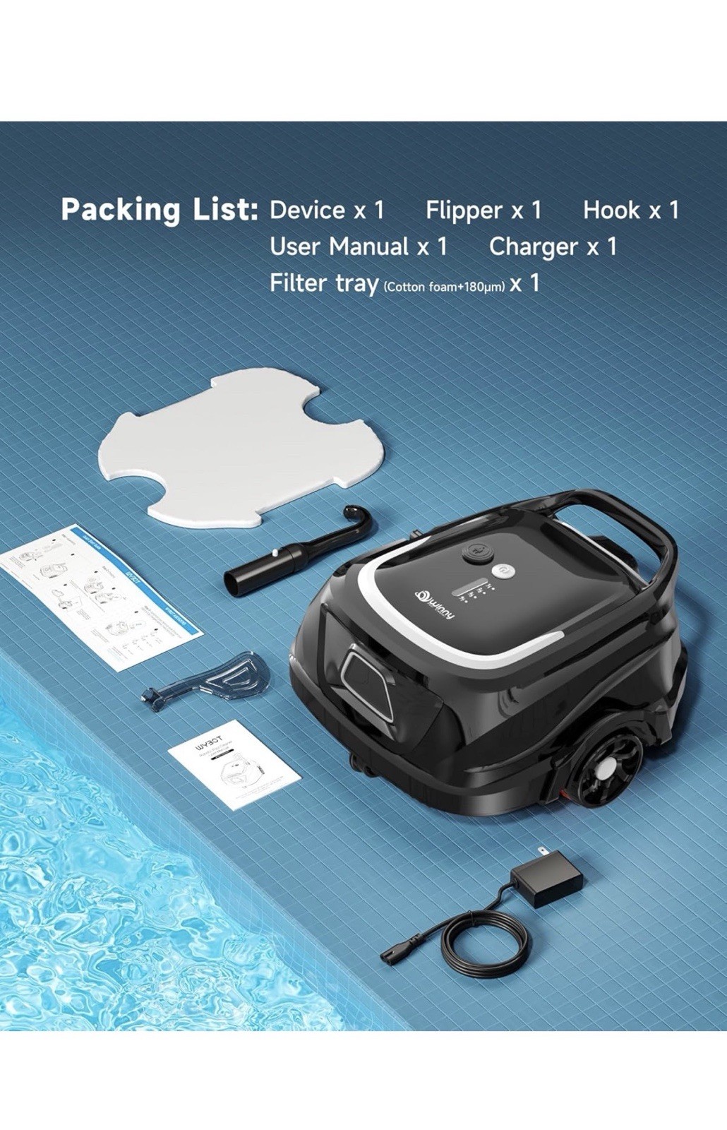 Winny A1 Cordless Lightweight Robotic Pool Cleaner Black w/ Charger Hook