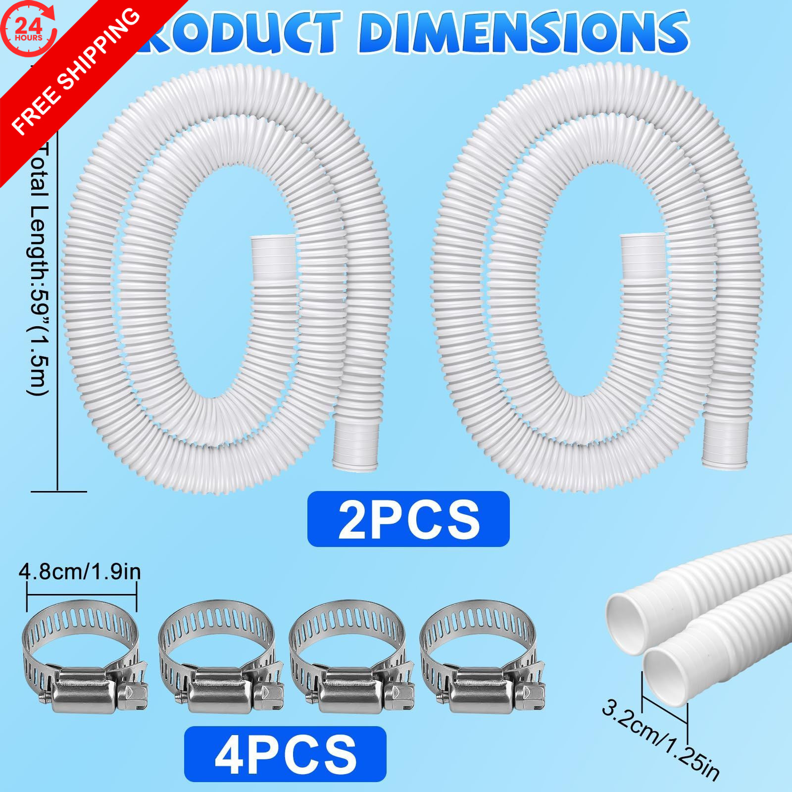 XCRUI 2Pack Pool Pump Replacement Hose for Above Ground 1.25 x 59 Inch, White