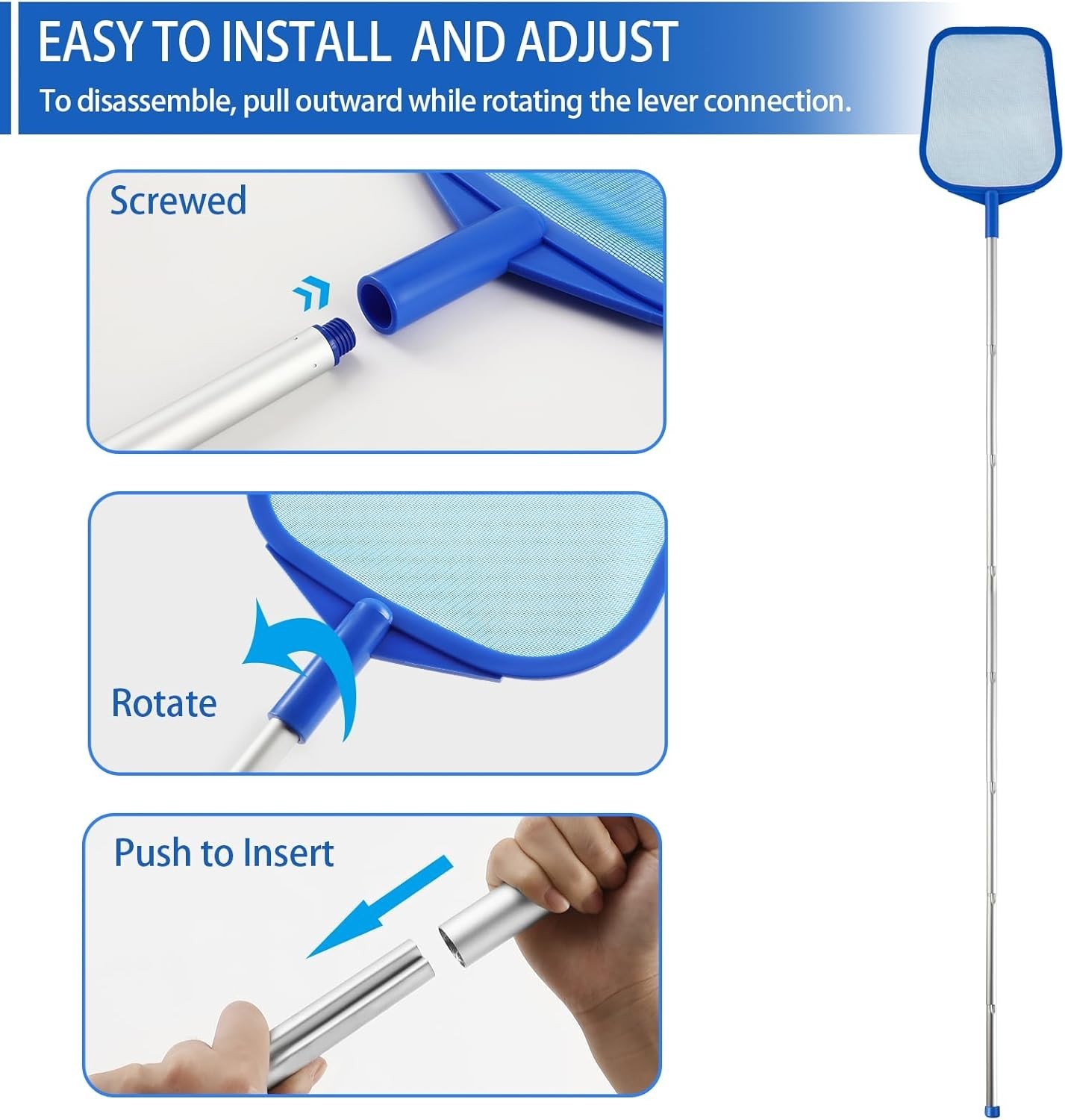 Corrosion-Resistant Pool Skimmer Net with Telescopic Pole, Easy and Efficient