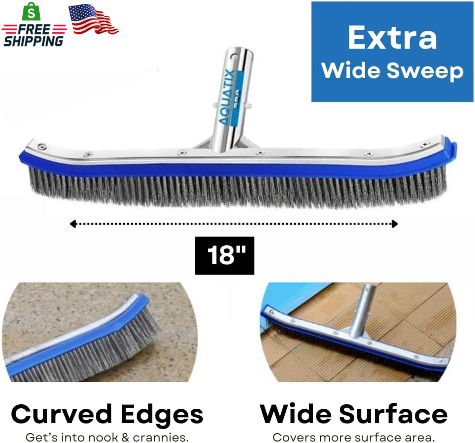 Aquatix Pro Pool Brush Head, 18&Prime; Heavy Duty for Cleaning Walls & Floors, Stainle