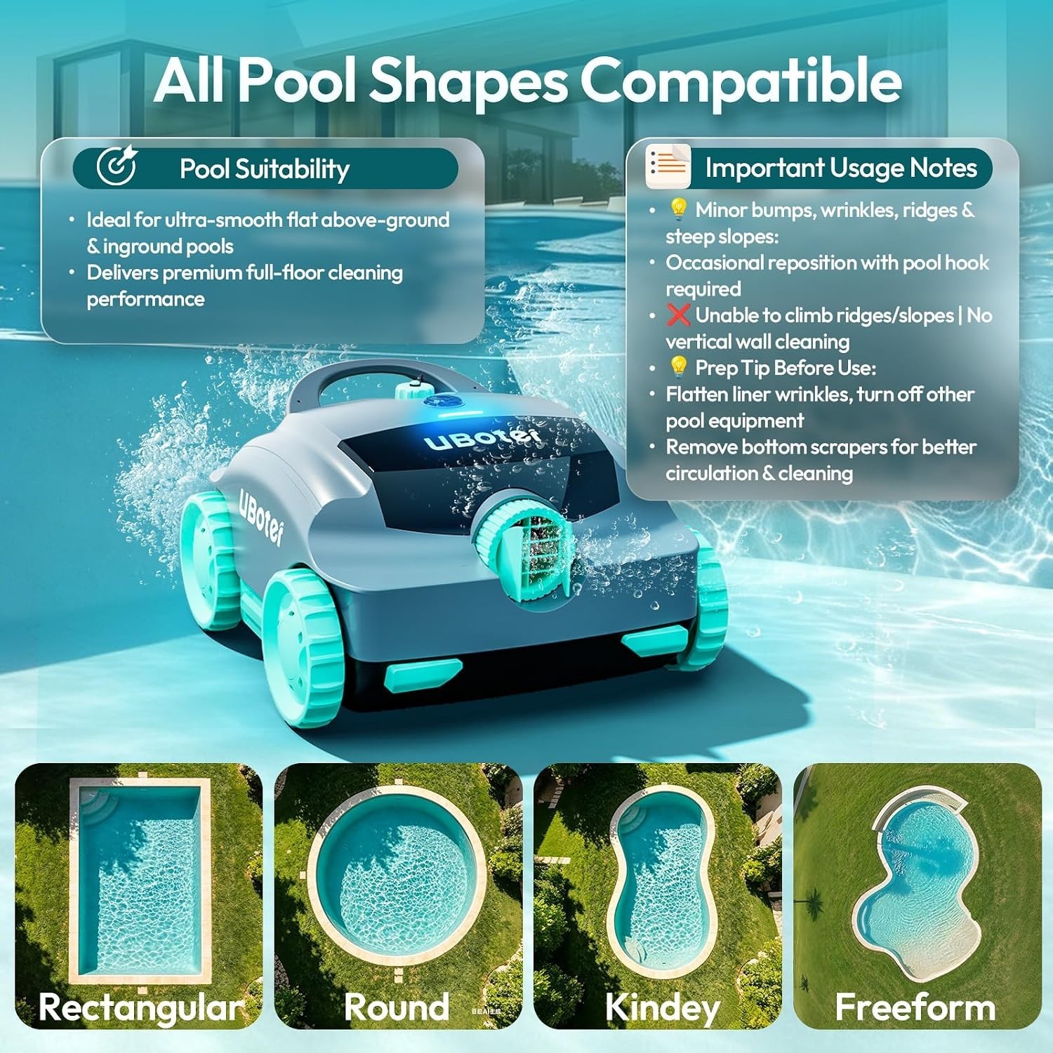 Cordless Robotic Pool Vacuum UBoter E10, Dual-Layer Filtration, Powerful Edge Co