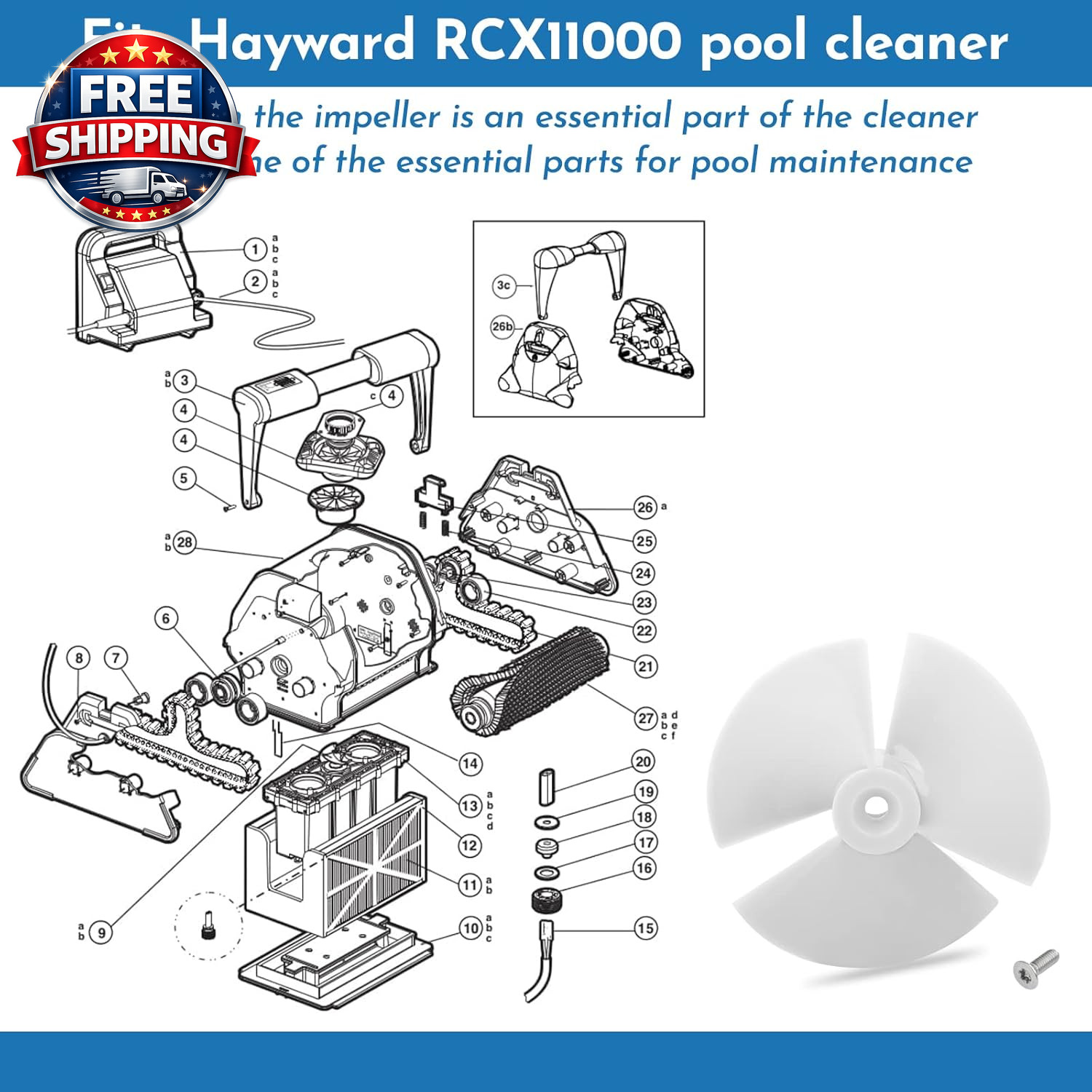 The Pool Cleaner Replacement Parts Impeller RCX11000 with Screw, for Hayward Tig