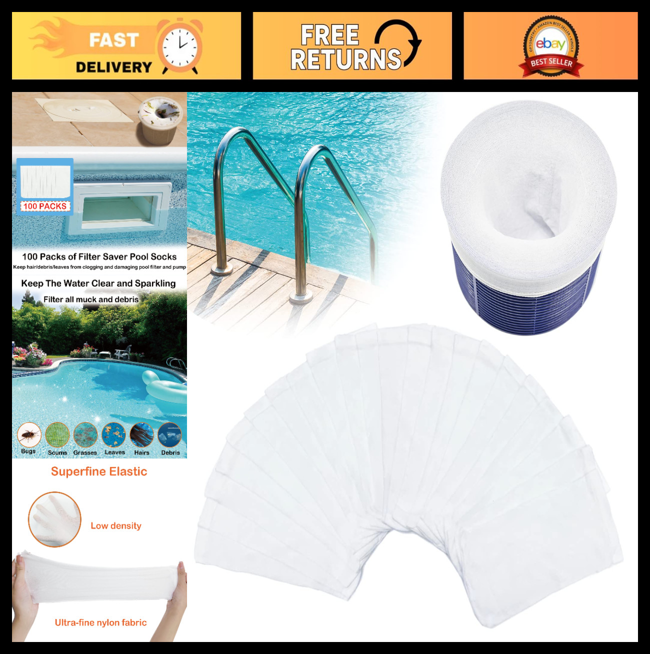 100 Pack Reusable Pool Skimmer Socks for Above Ground & Inground Pools – Durable