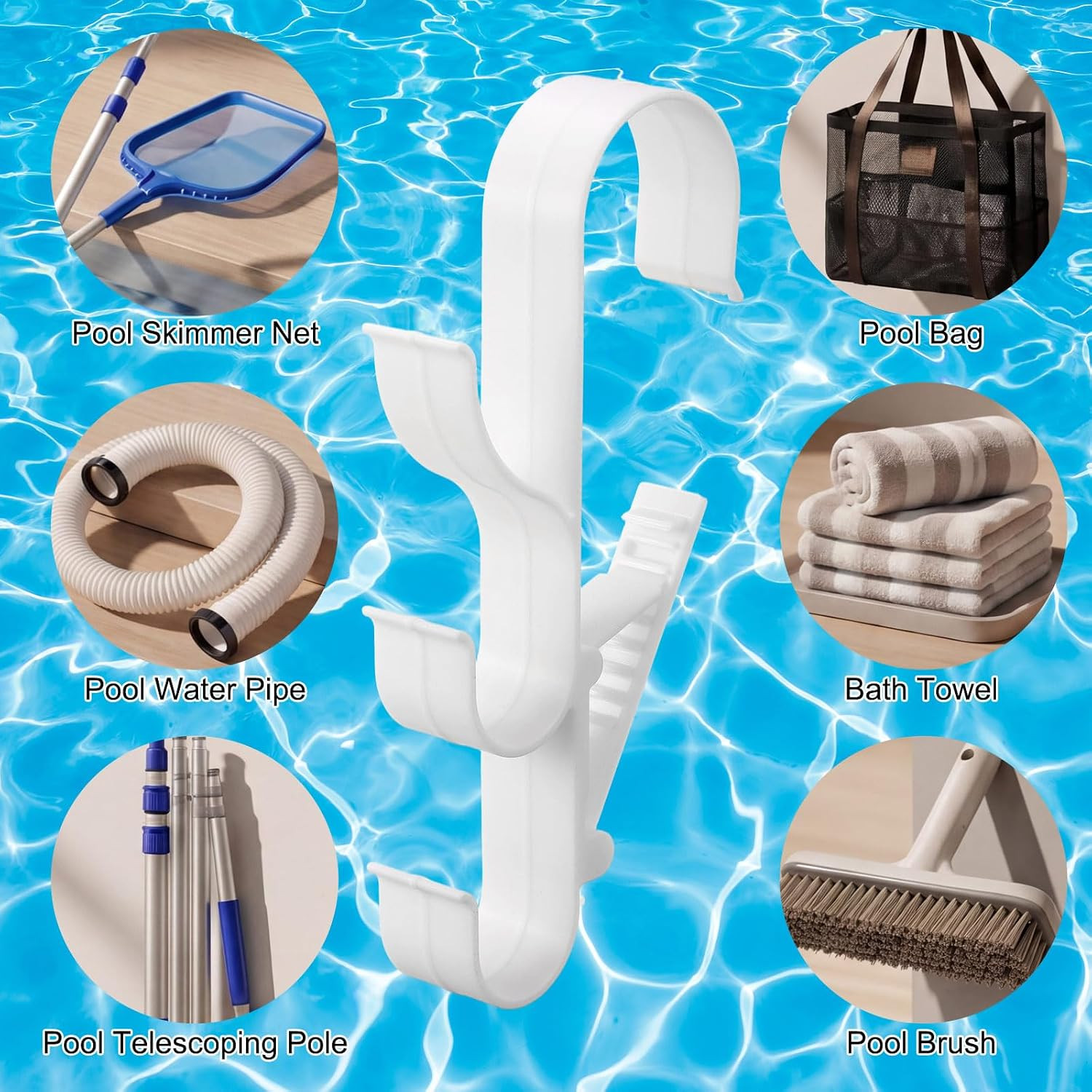 2 Pack Pool Pole Hanger with 3 Hooks, Adjustable Poolside Organizer for above Gr