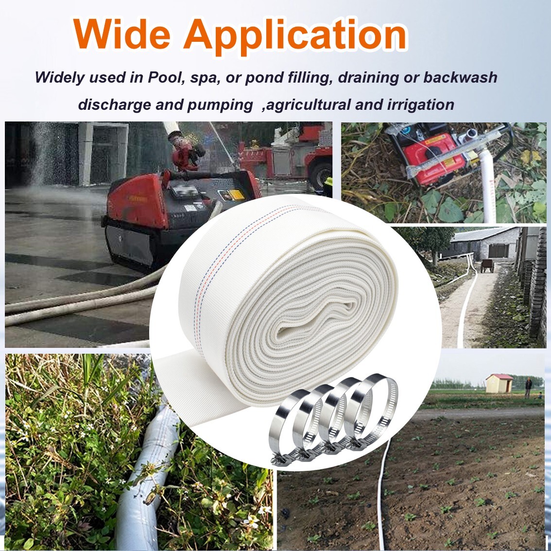 Water Discharge Backwash Pool Hose 3&Prime; in inch x 100 FT Lay-Flat Drain Pump White