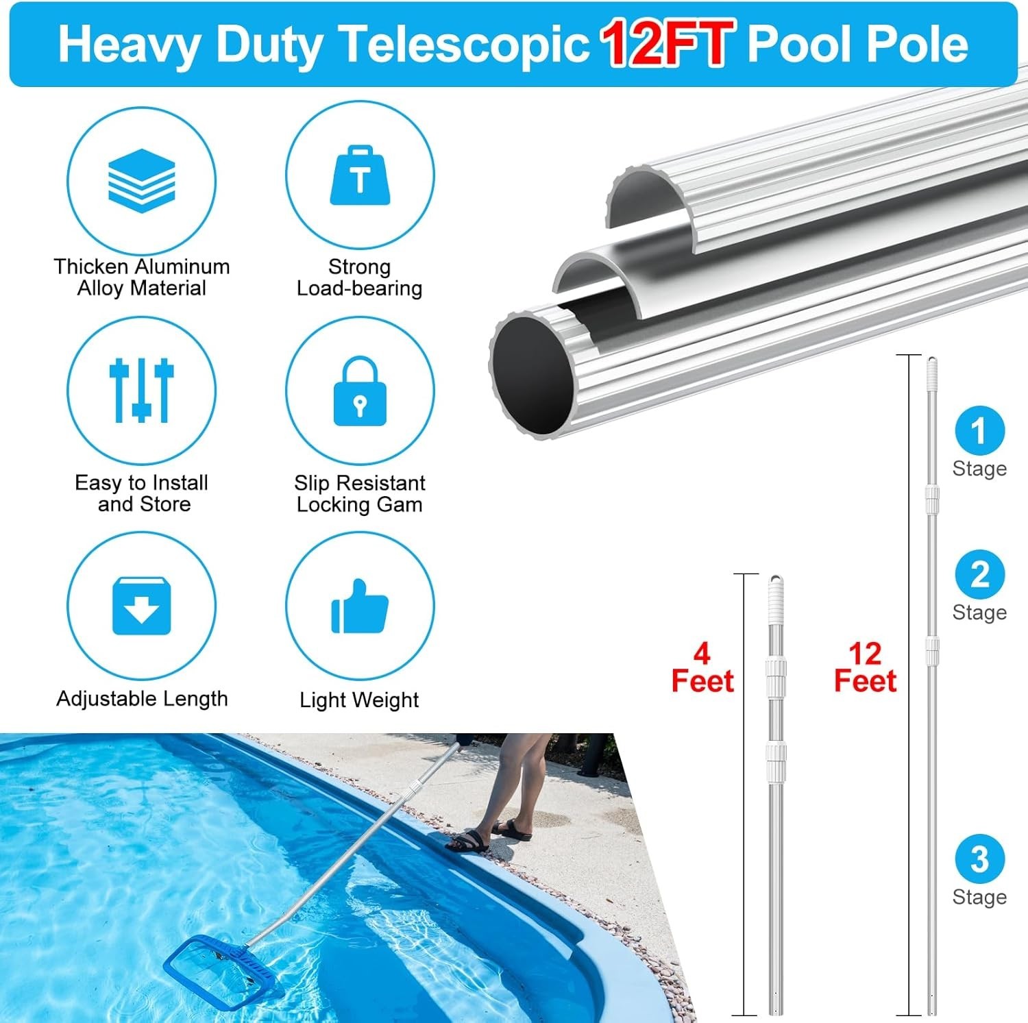 Professional 12FT Aluminum Pool Pole – Effortless Cleaning & Strong Grip