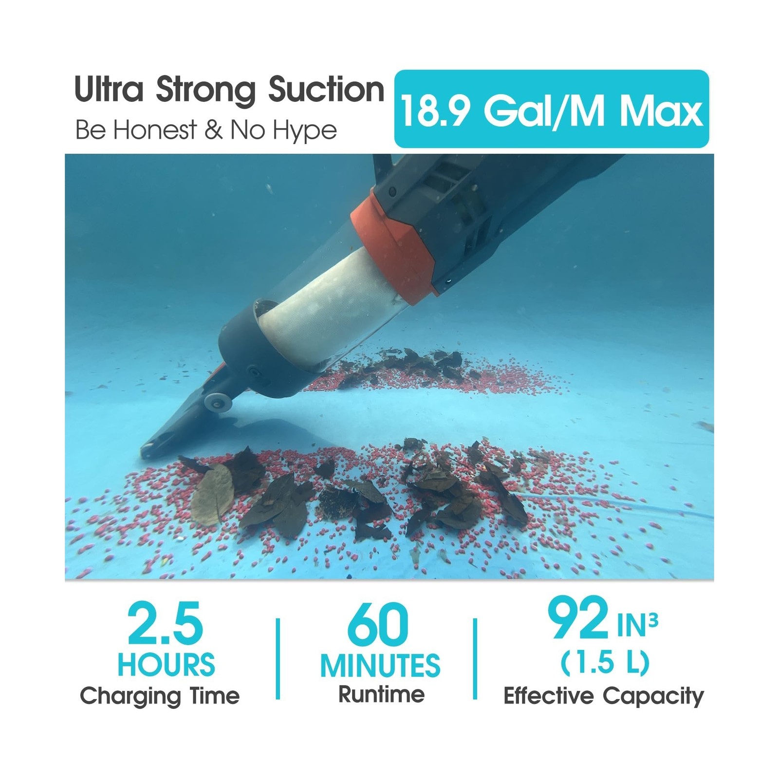 Heavy Duty Handheld Pool Vacuum – 18.9GPM Powerful Suction, 25µm Ultra Fine