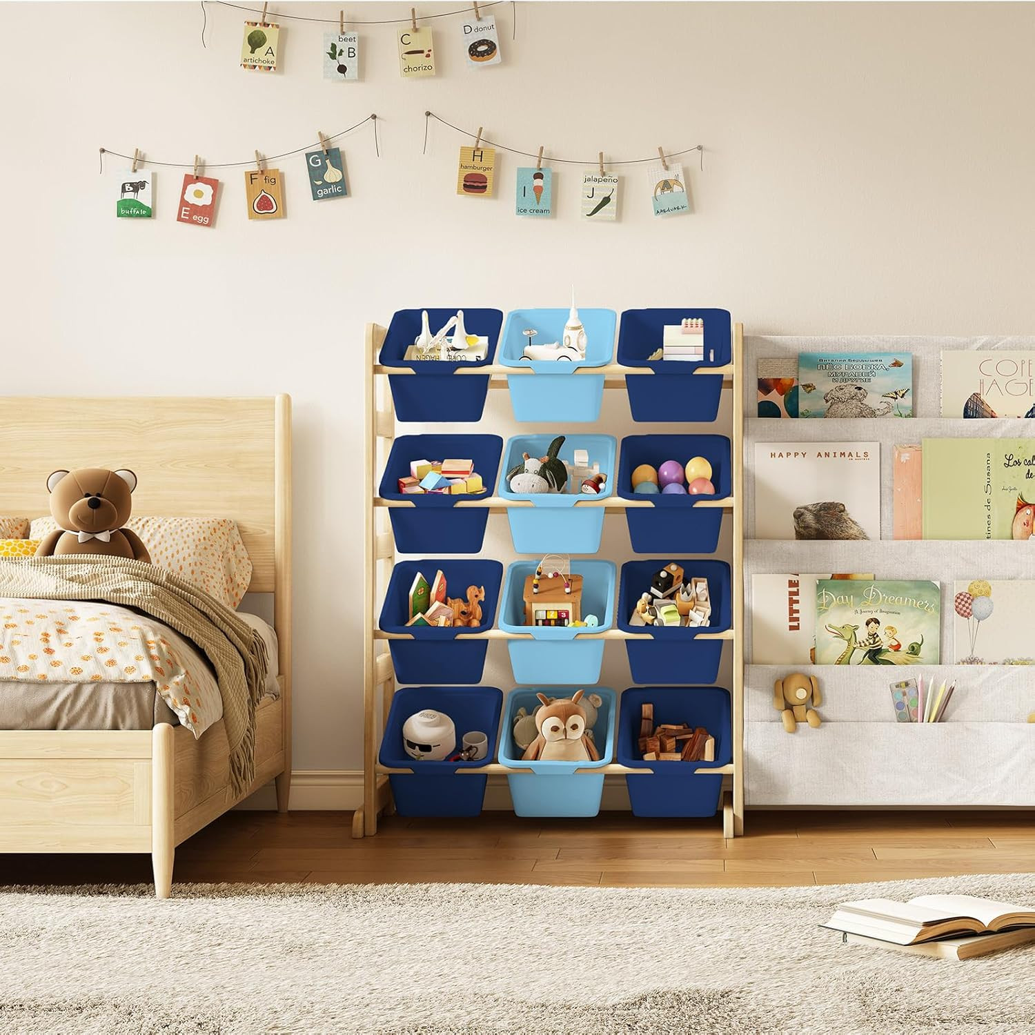 Toy Storage Organizer with Bookshelf – 12 Storage Bins 4-Tier Multipurpose Shelf