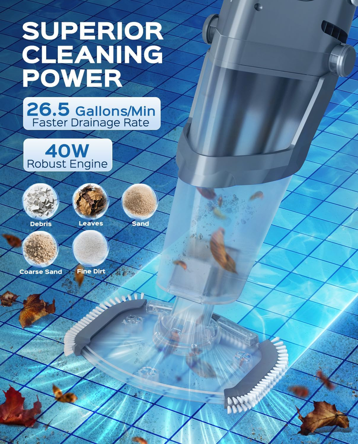 Cordless Handheld Pool Vacuum Cleaner with Telescopic Pole, 26.5 GPM Powerful Su