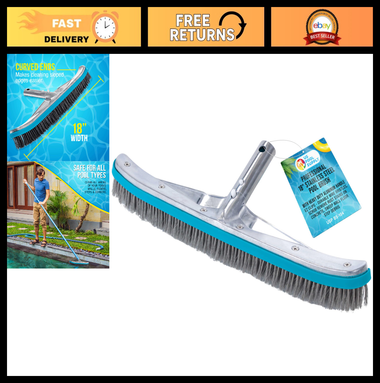 18&Prime; Stainless Steel Pool Brush Head for Inground Pools – Metal Wire Bristles, Ca