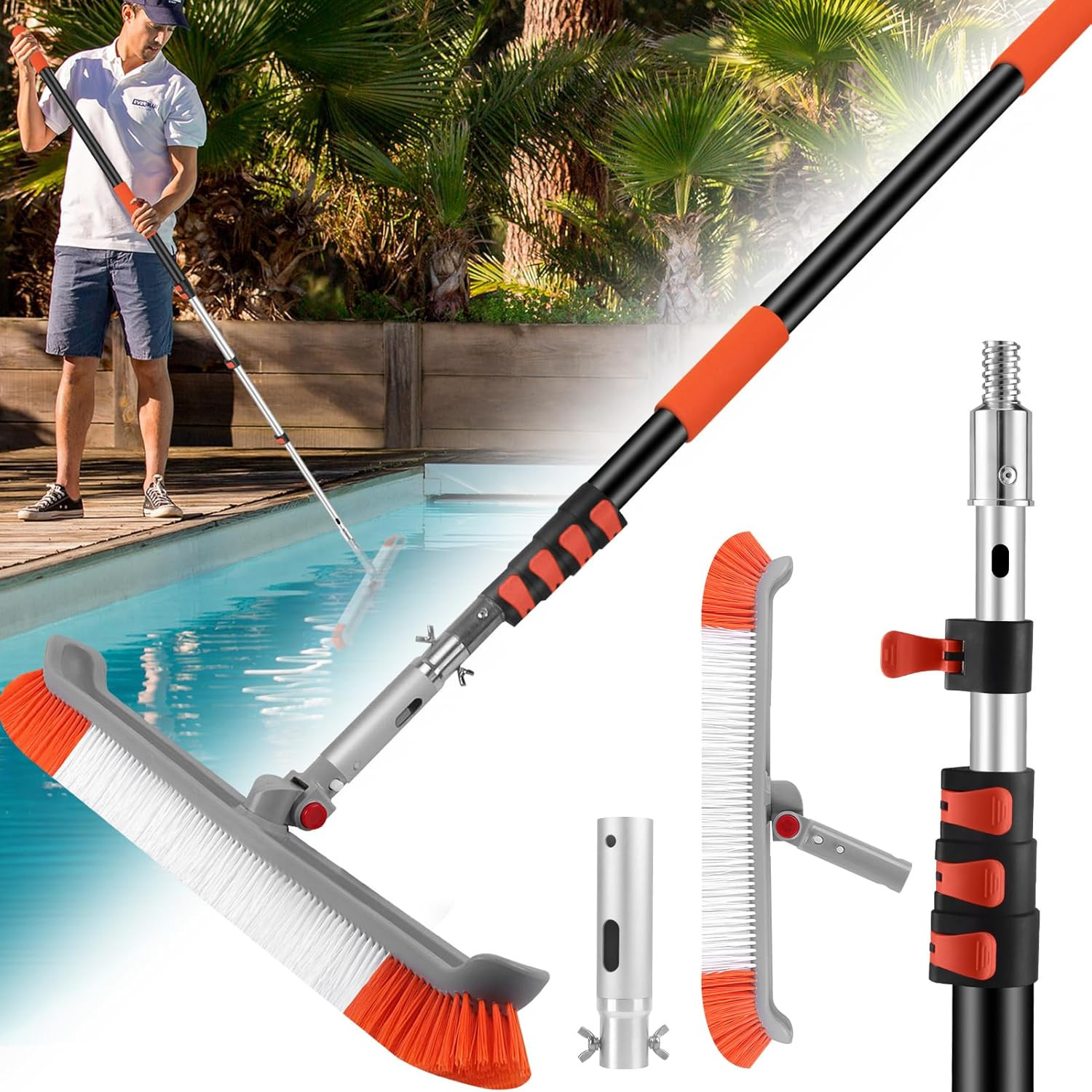 16FT Pool Brush with Pole, 19&Prime; Heavy Duty Swimming Pool Brush with 4-16FT Alumin