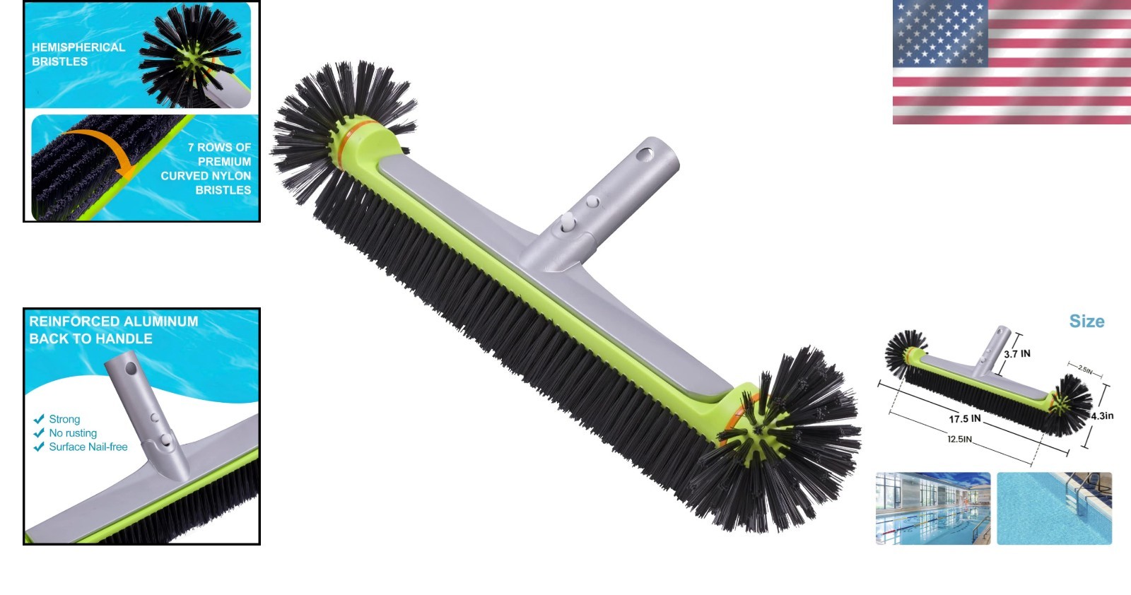 Durable Aluminum Pool Brush Head – Soft Bristles for Corners and Wall Cleaning