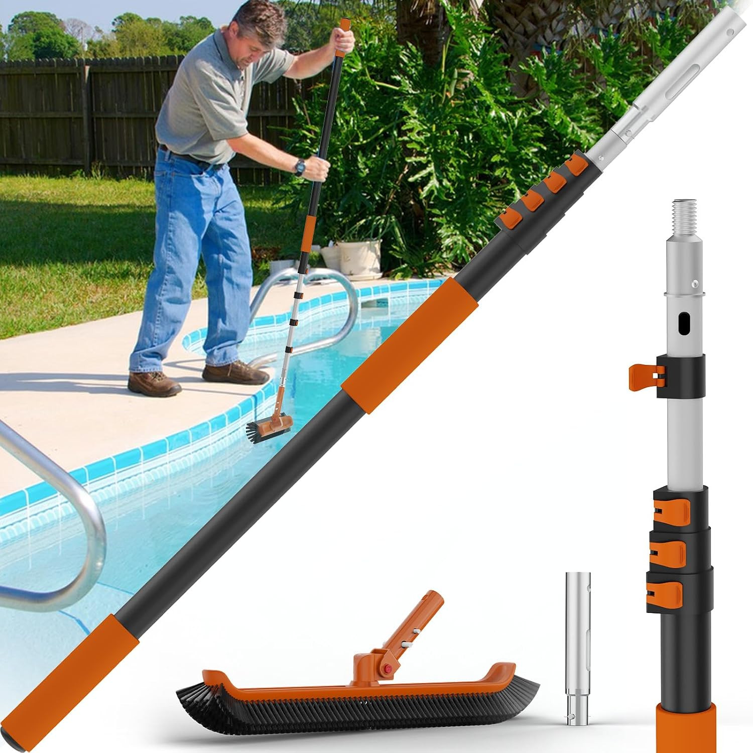16FT Telescoping Pool Pole with 19&Prime; Brush – Heavy Duty Aluminum, Universal Fit