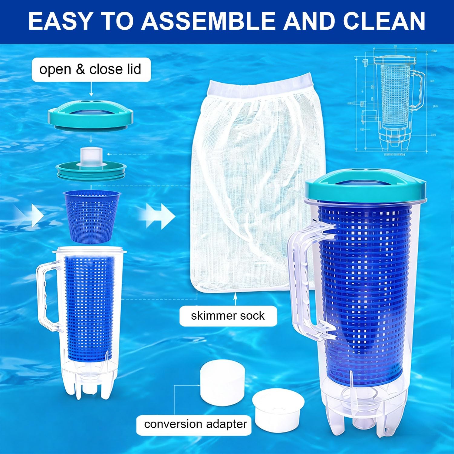 Large Inline Pool Leaf Catcher Canister for Vacuum with 6 Skimmer Socks