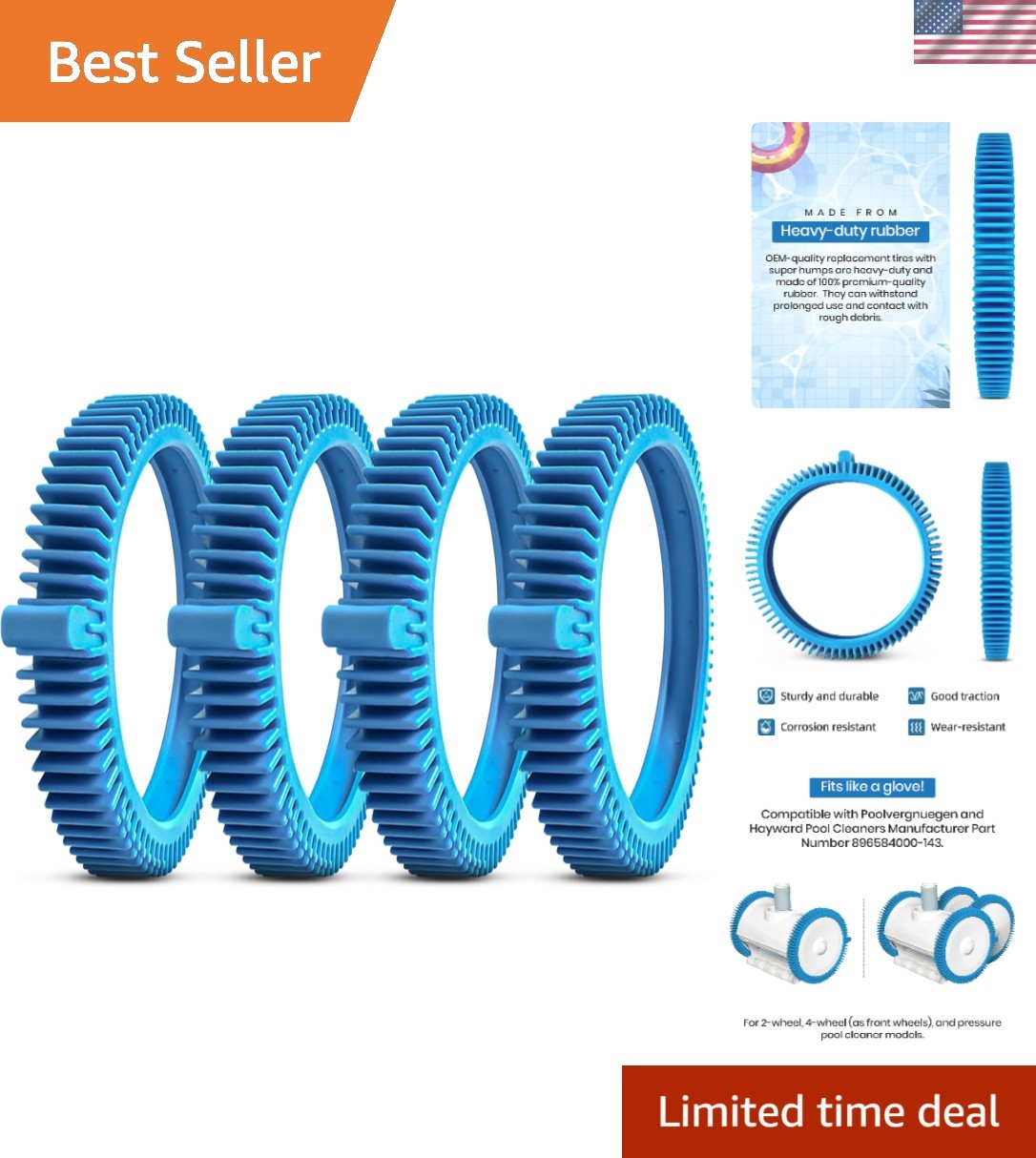 Durable 4-Pack Replacement Tires for Poolvergnuegen Cleaners | Rubber