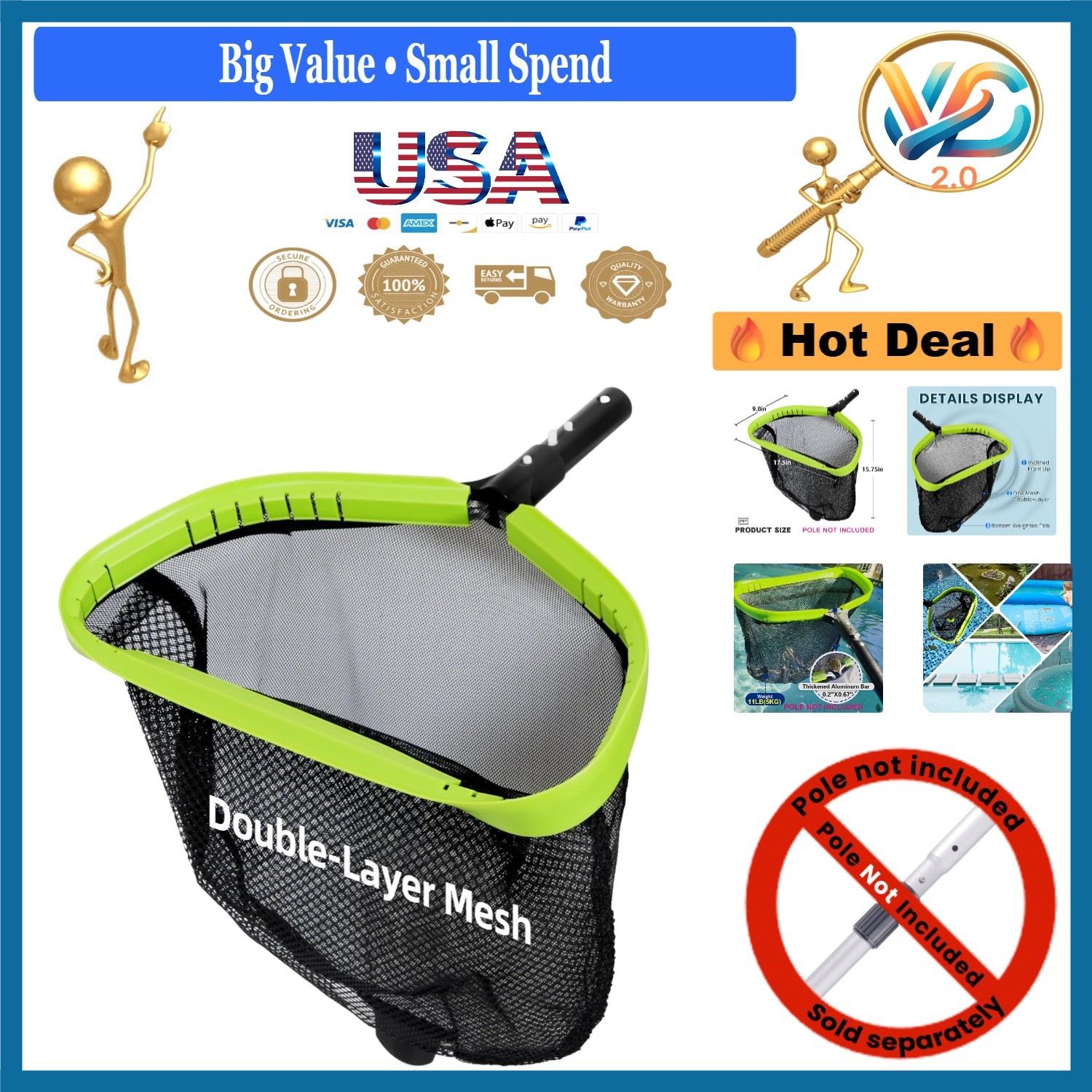 Heavy Duty Aluminum Pool Skimmer Net Double Layer Mesh 17.5&Prime; Professional Lea…