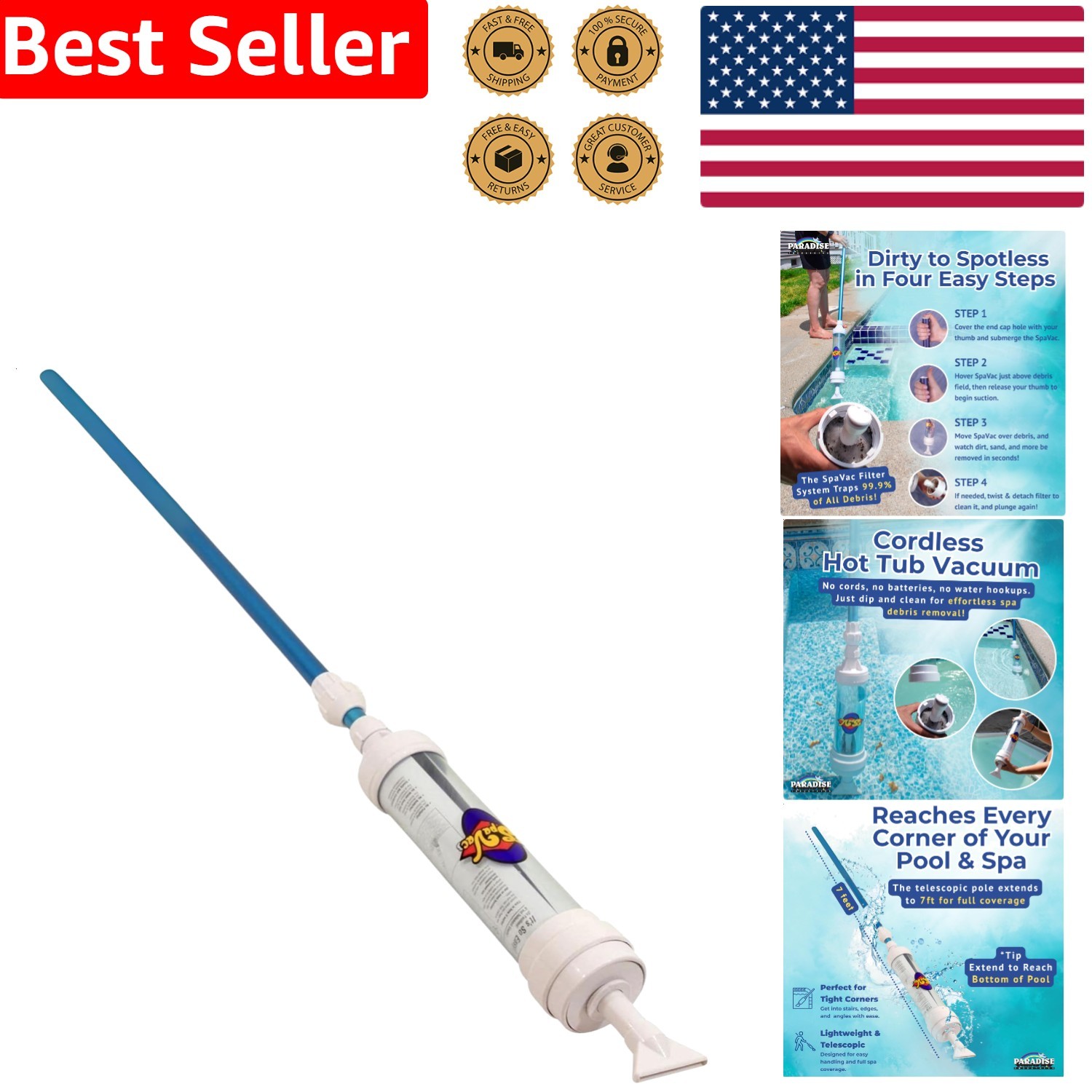 6250 Paradise Spa Vacuum – Manual Cordless Hot Tub Pool Cleaner Telescopic Tool