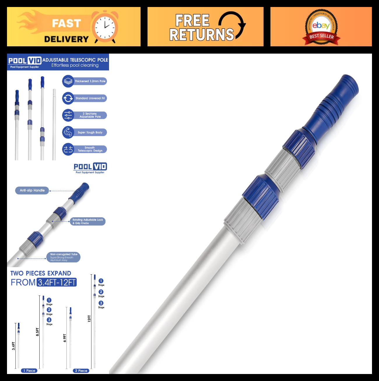 12FT Adjustable Telescopic Pool Cleaning Pole – Aluminum Skimmer Net & Vacuum To