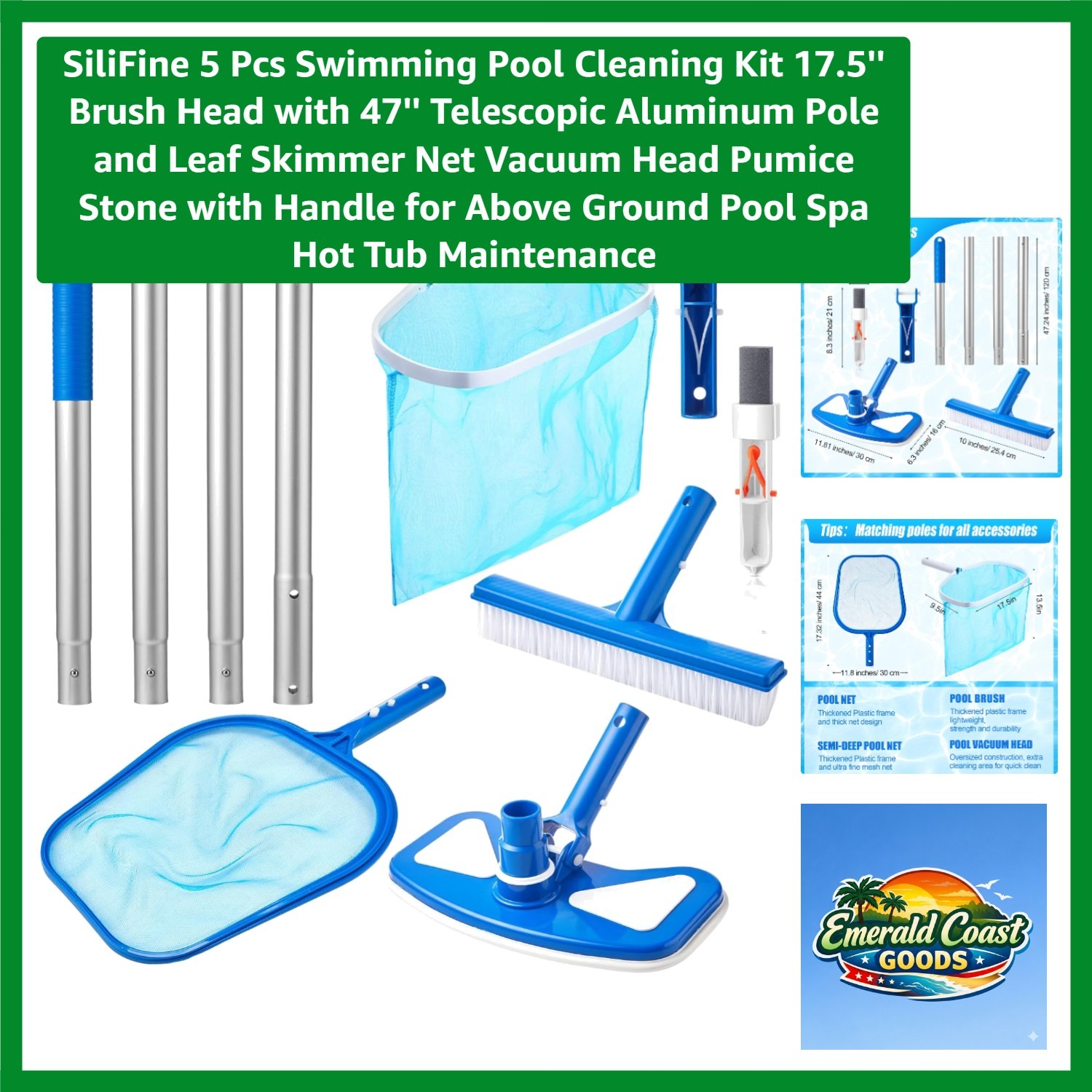 Ultimate 5-Piece Pool Cleaning Set: Leaf Skimmer, Vacuum Head & Pumice Stone