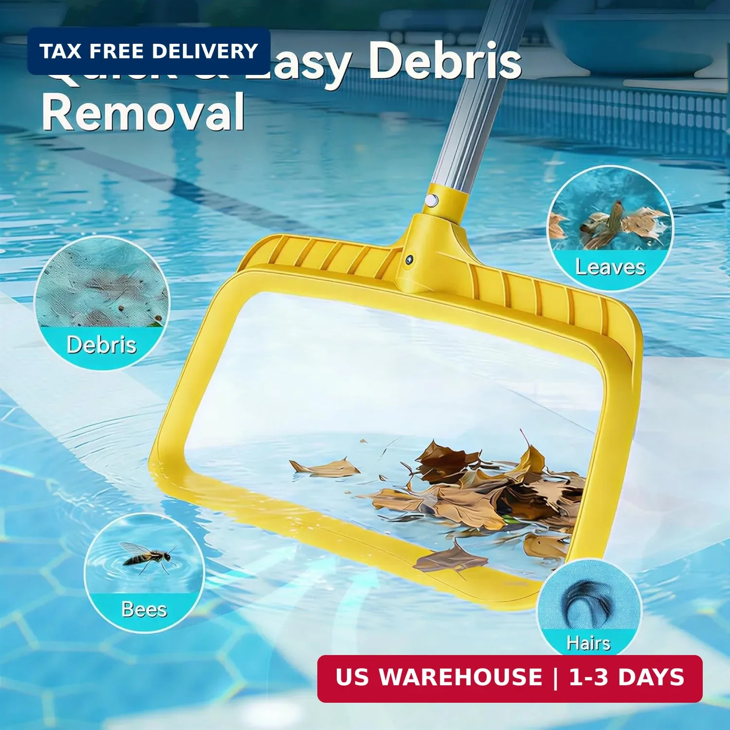 Professional Pool Skimmer Net with Yellow Frame & 30-Mesh – Heavy Duty Deep Leaf
