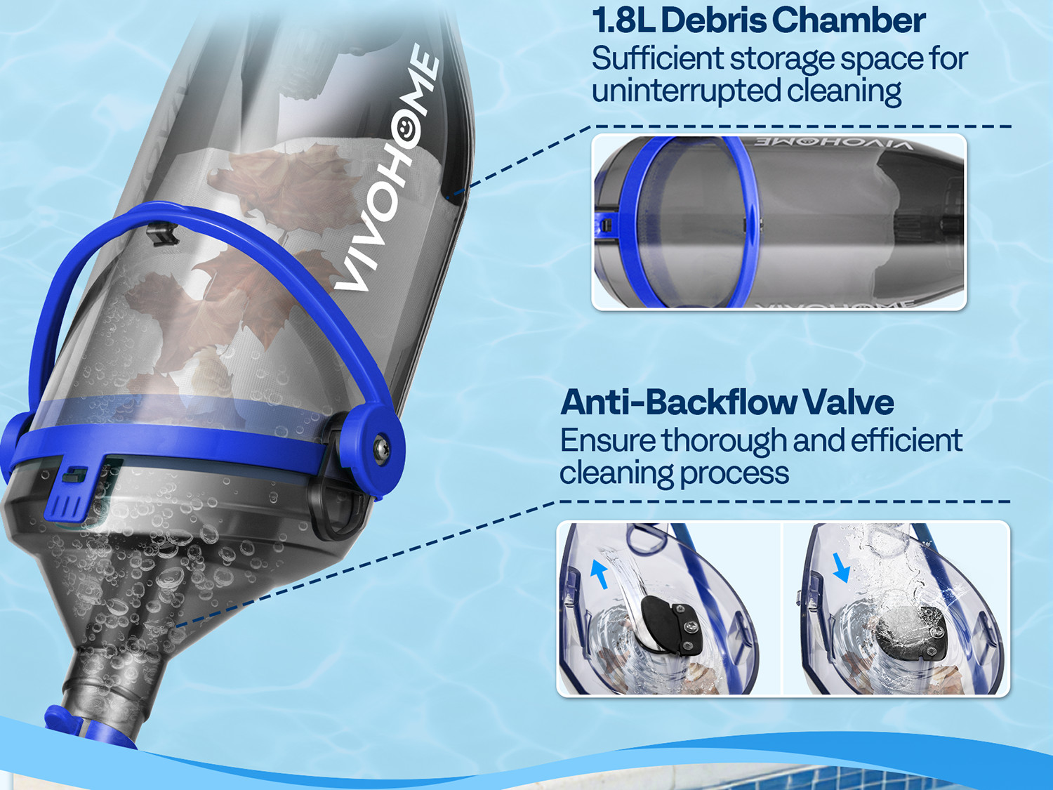 Cordless Pool Vacuum Cleaner 1110GPH Handheld Rechargeable for Pools Spas 60min