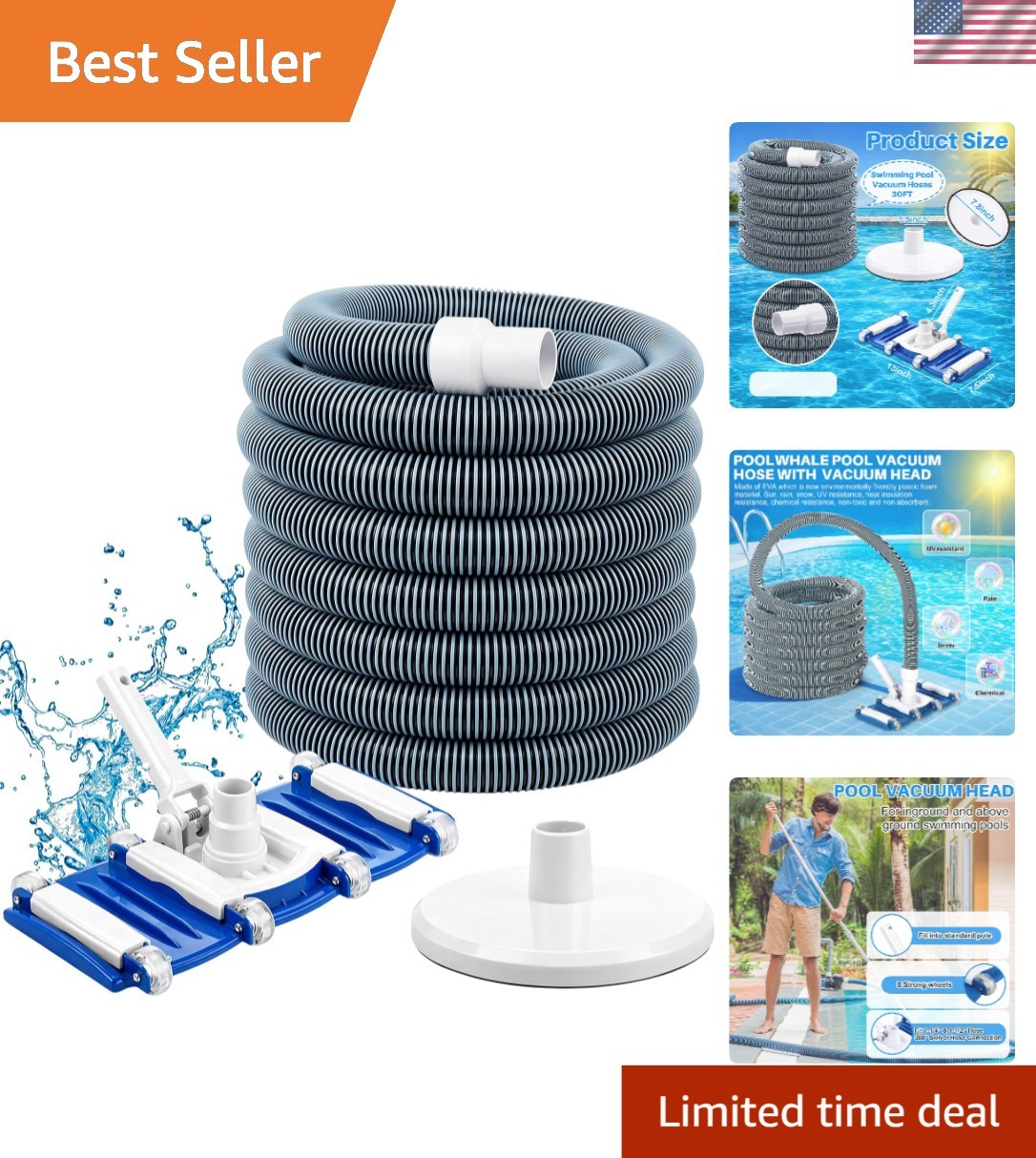 All-in-One Pool Maintenance Kit: 14&Prime; Vacuum Head & 18ft Hose for Fast Cleaning