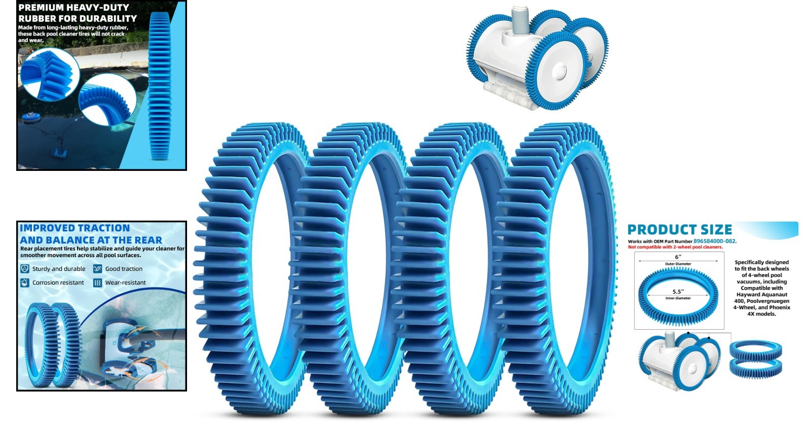 4-Pack Heavy-Duty Replacement Tires for Hayward Pool Cleaners – Quick Install