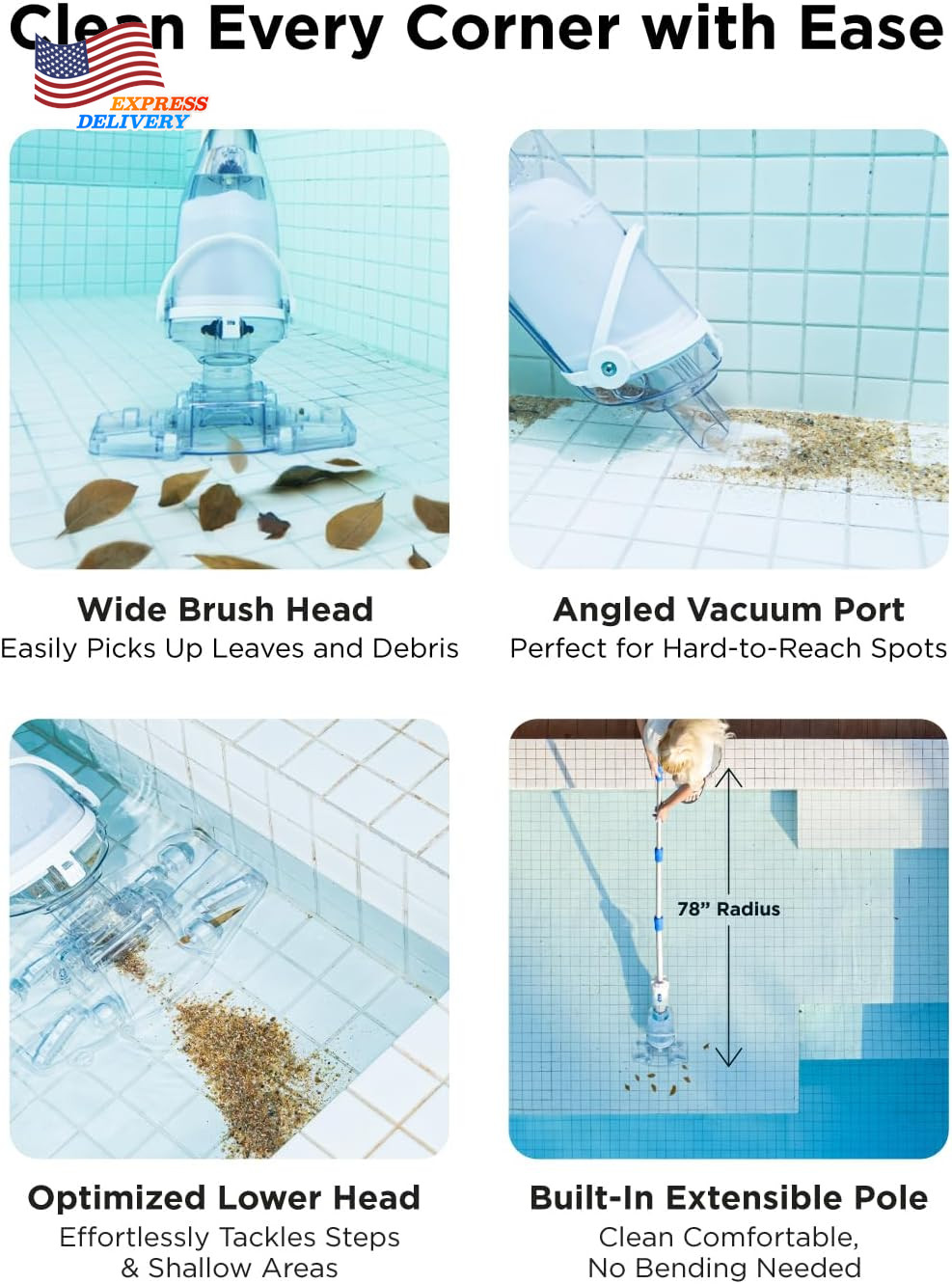 Cordless Pool Vacuum Cleaner Rechargeable Handheld for above & Inground Pools US