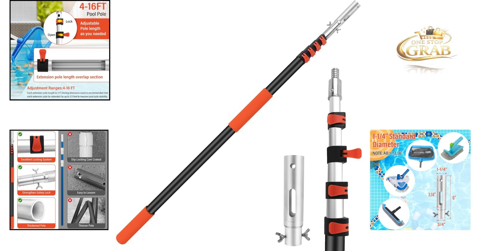 16ft Heavy Duty Aluminum Telescopic Pool Pole with Locks for Skimmer Rake Brush