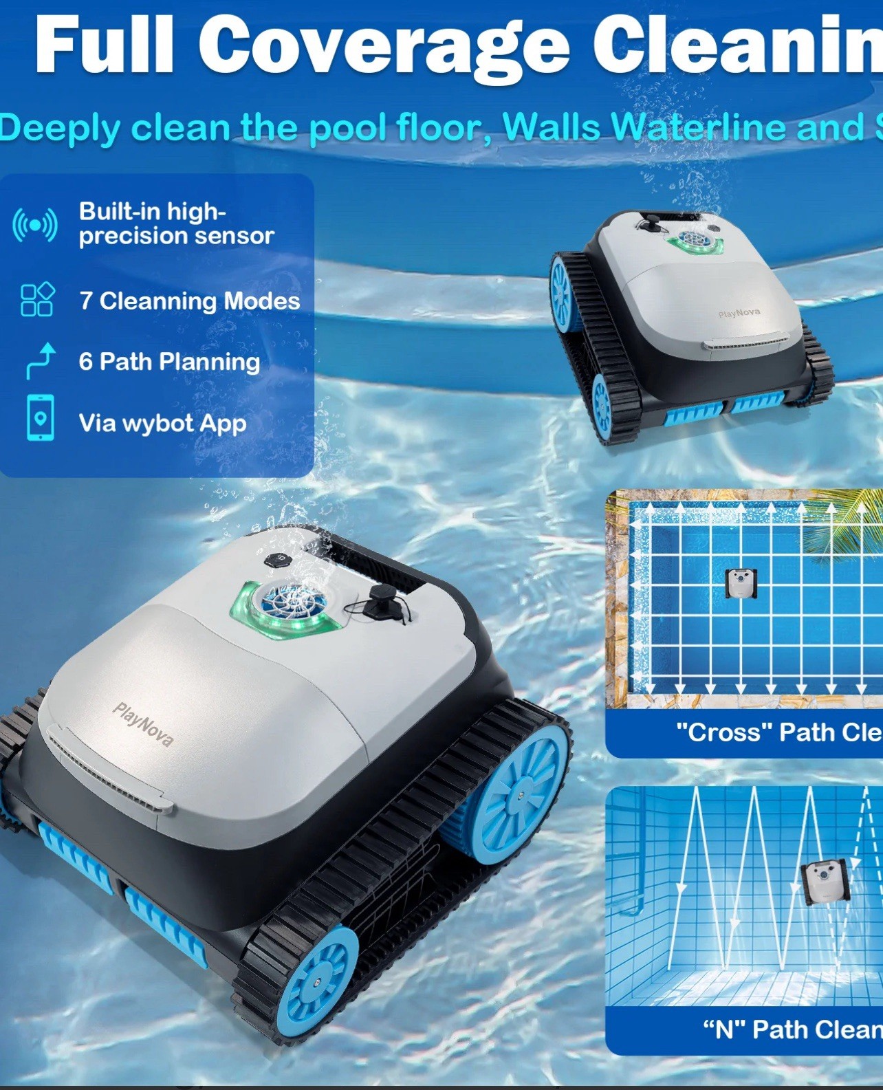 PLAYNOVA Cordless Robotic Pool Cleaner, Smart Path Planning, 180Mins Runtime