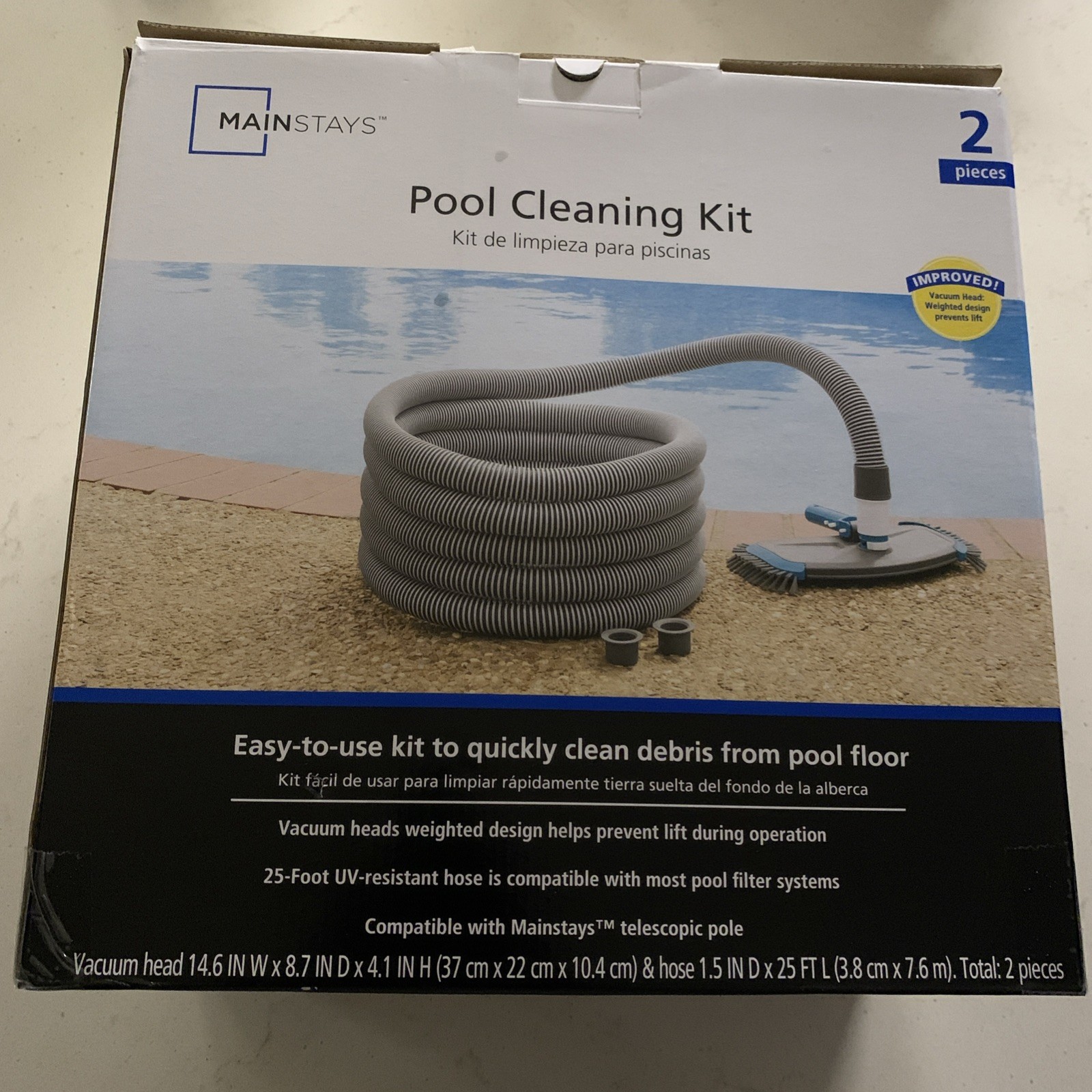 Mainstays Pool Vacuum Kit 2-Piece 25ft UV-Resistant Hose+Swivel Head 1.25&Prime;/1.5&Prime;