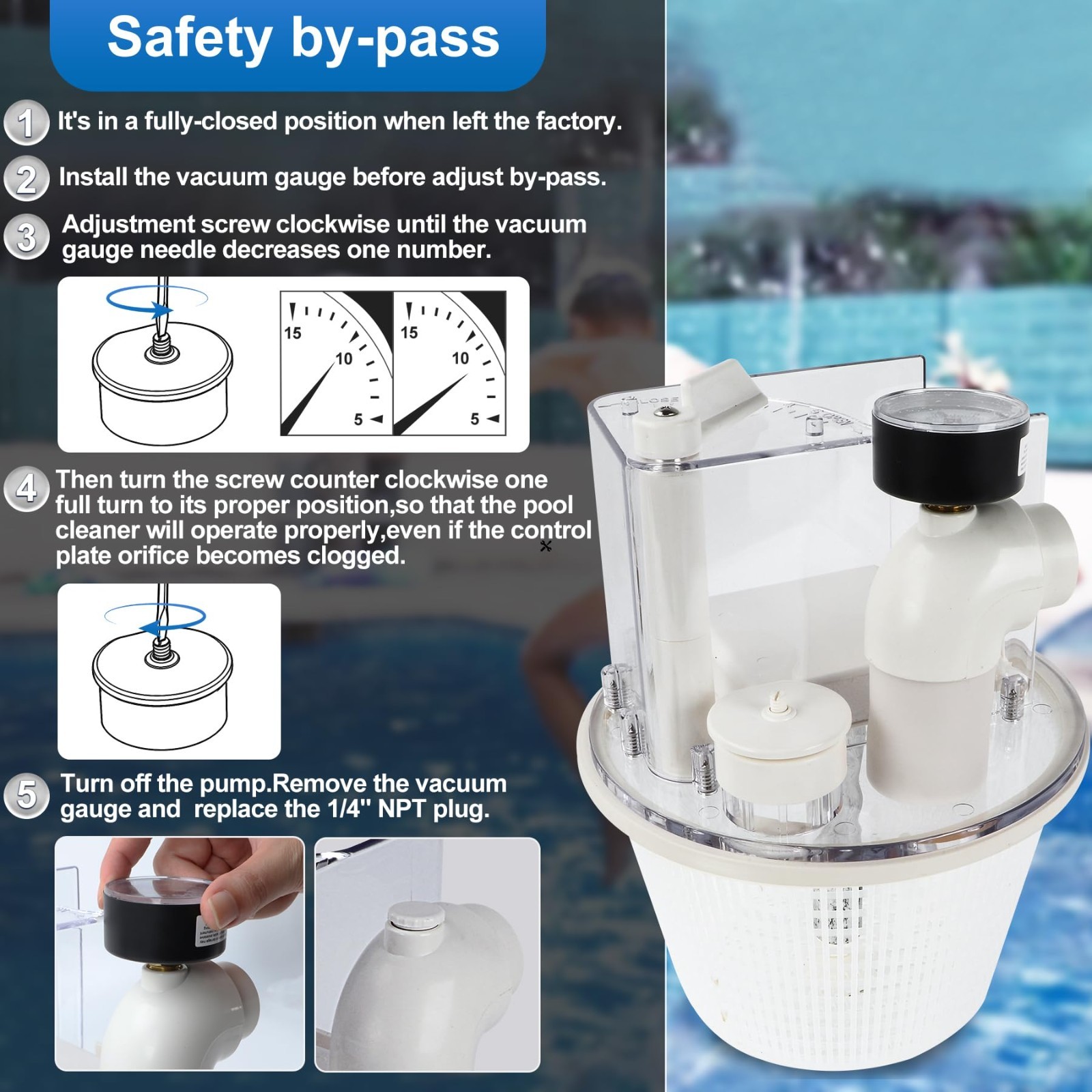 Skim Vac Mate Pool Skimmer Basket Cleaner Vacuum Attachment & Pressure Gauge