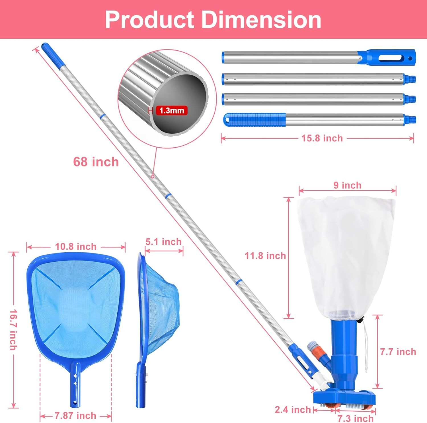 Handheld Above and In-Ground Pool Vacuum Jet Cleaner Spa Pond Fountain with Pole