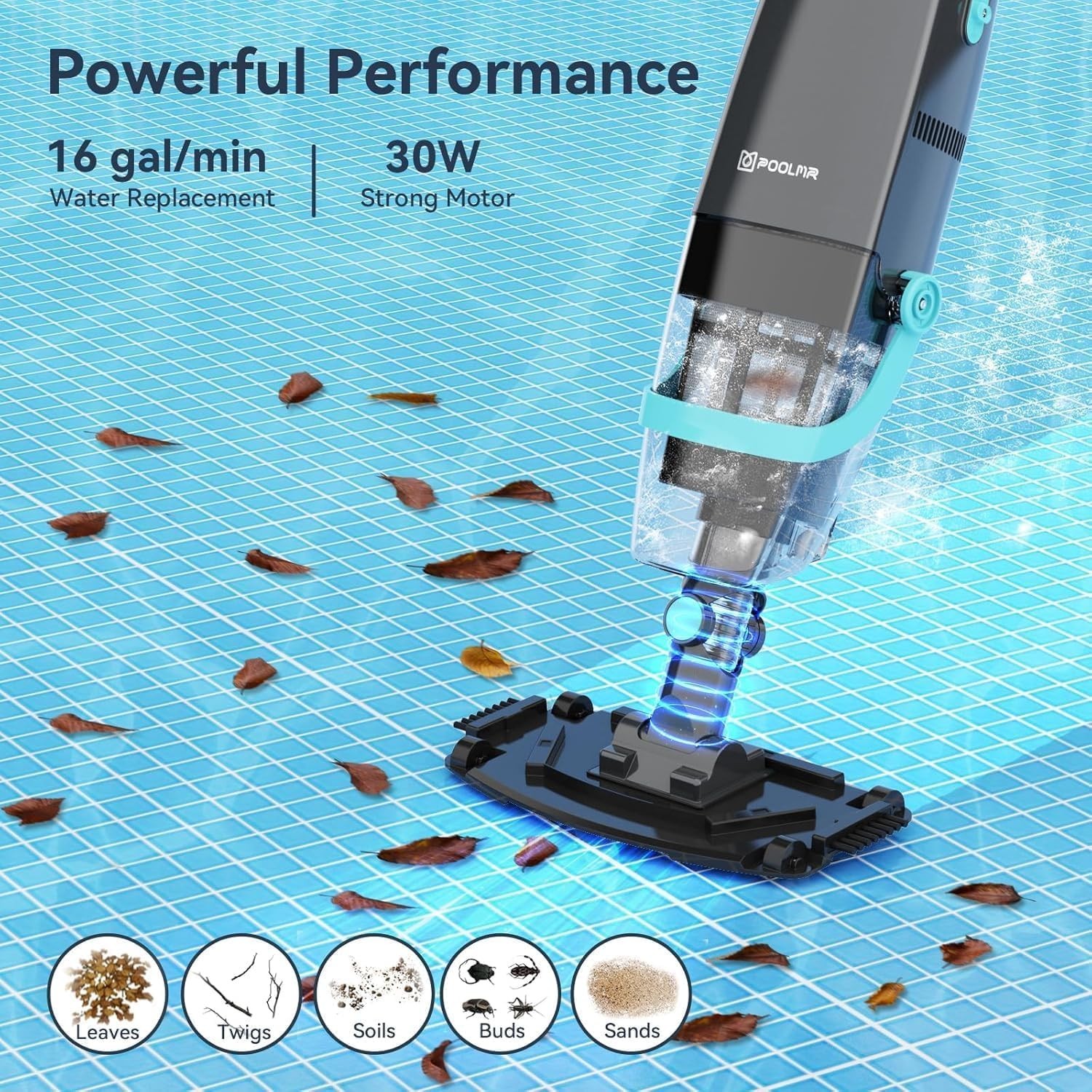 Black Cordless Handheld Pool Vacuum Rechargeable 16 GPM Strong Suction