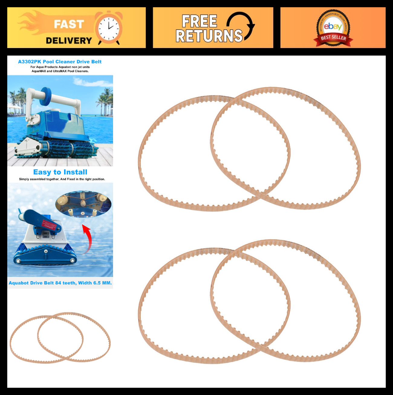 4 Pack Pool Cleaner Robot Drive Belts Replacement Parts for Aquabot A3302PK 3302
