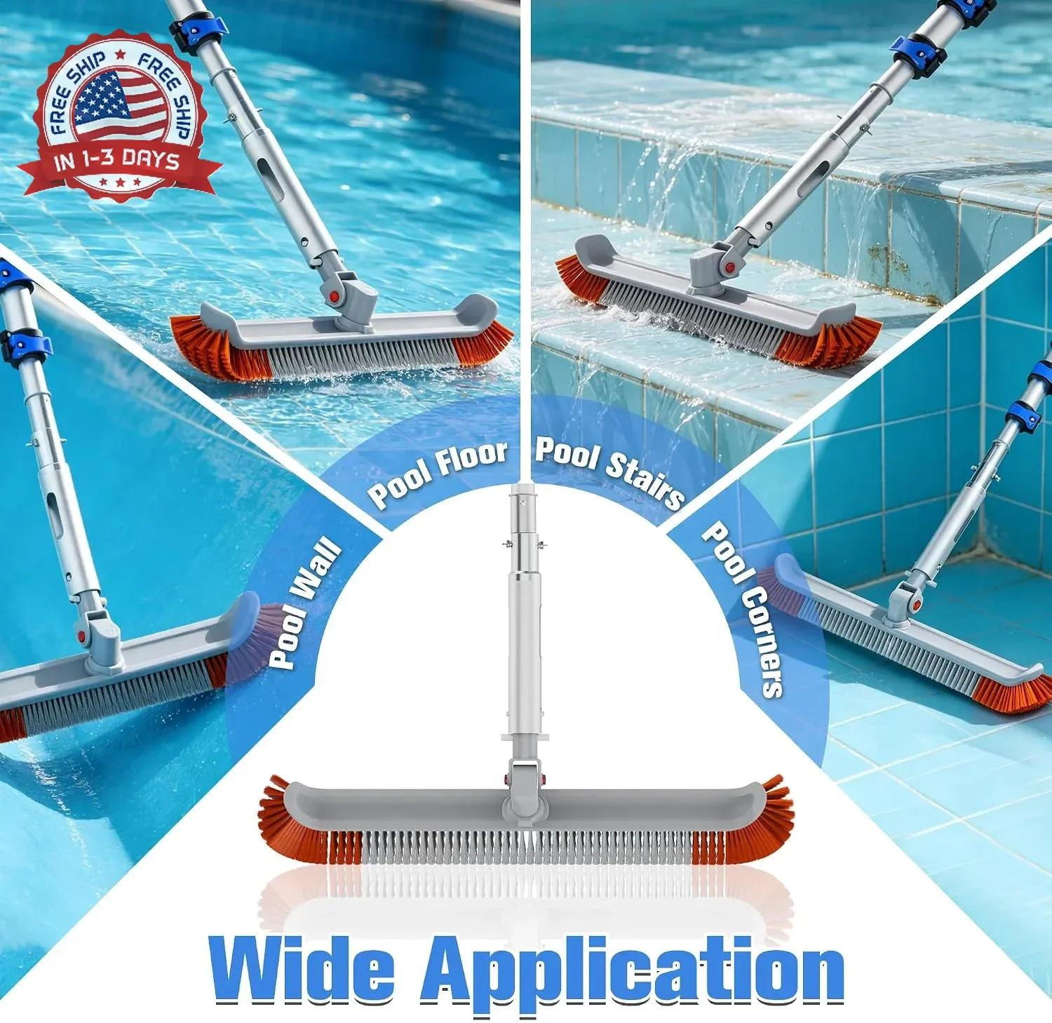 Pool Brush with 5-20FT Telescopic Pole, 18&Prime; Swimming Pool Cleaning Brush, Flip &