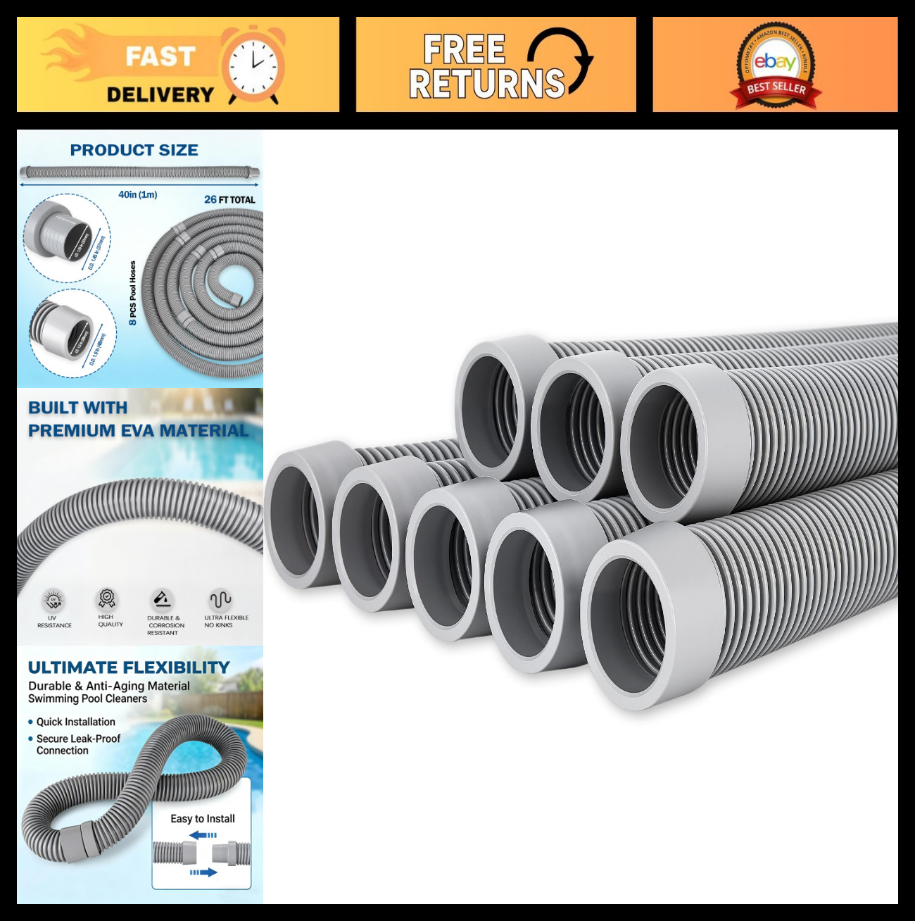 26FT Pool Vacuum Hose – 1.5” Extension, Durable EVA, Fits All Automatic Cleaners