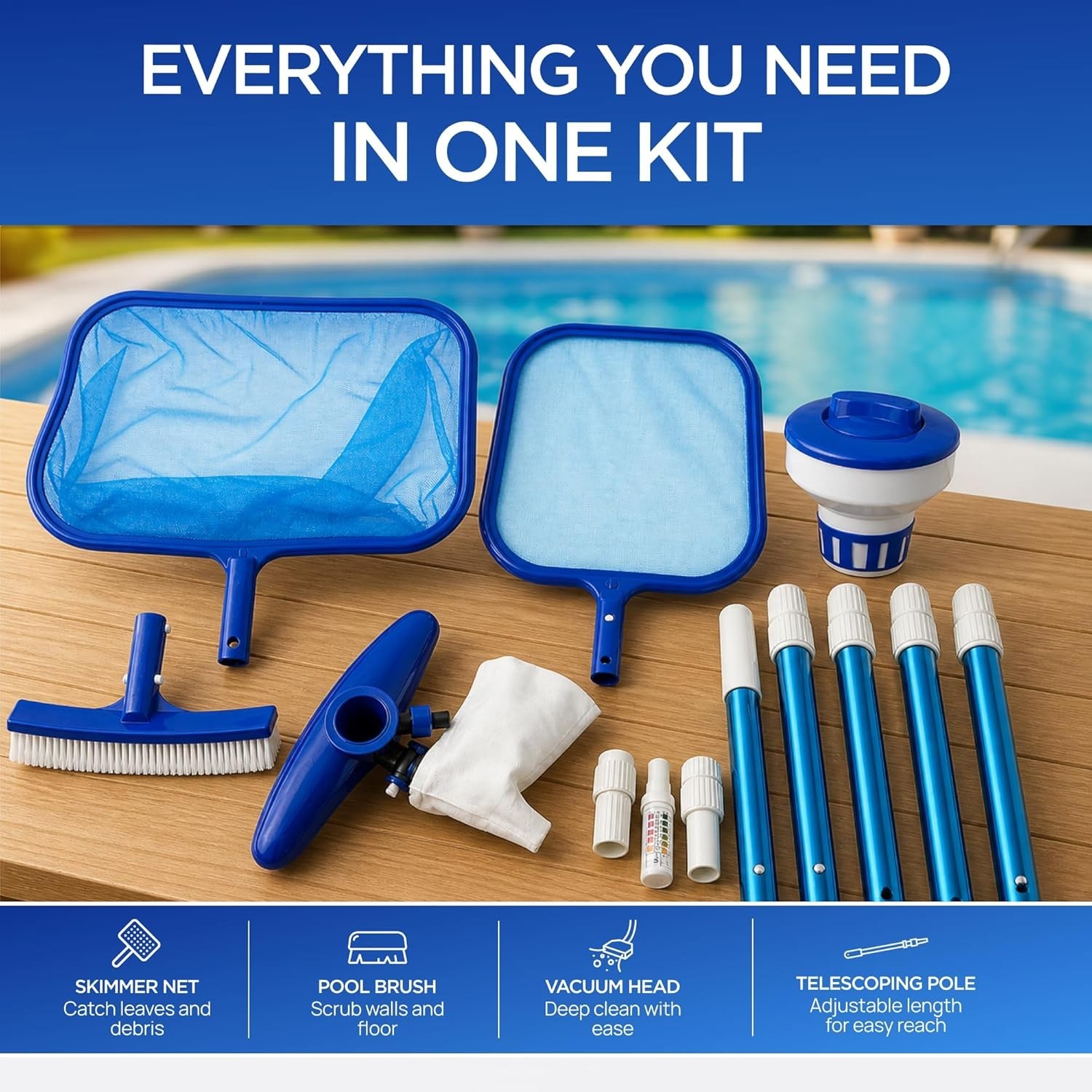 All-Inclusive Pool Maintenance Set – Telescoping Pole & Essential Tools Included