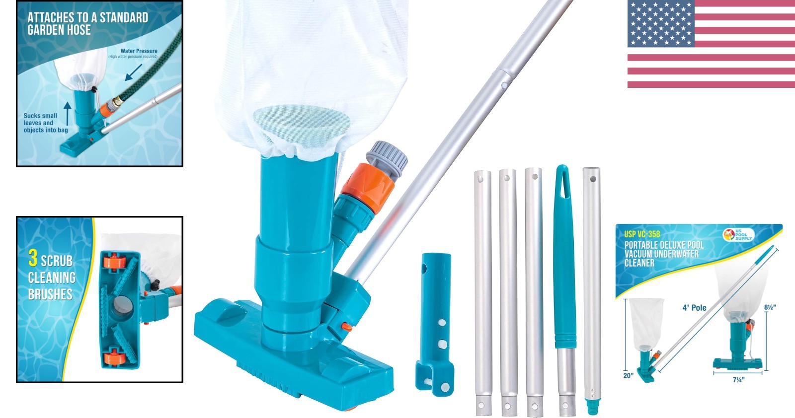 Portable Pool Vacuum Cleaner with 4ft Pole & 3 Brush System for Spotless Water