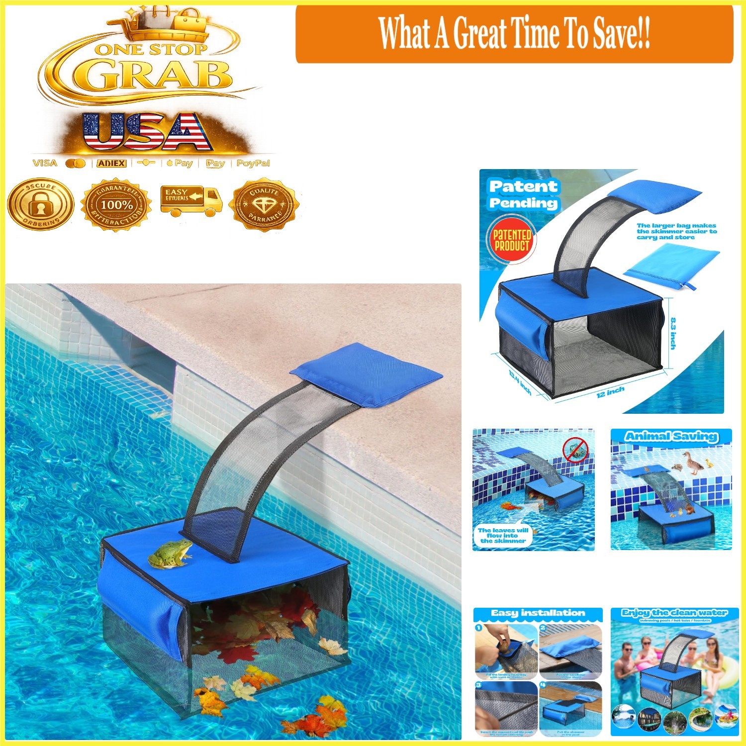 2-in-1 Pool Leaf Skimmer Net with Animal Ramp Pool Cleaning Accessory