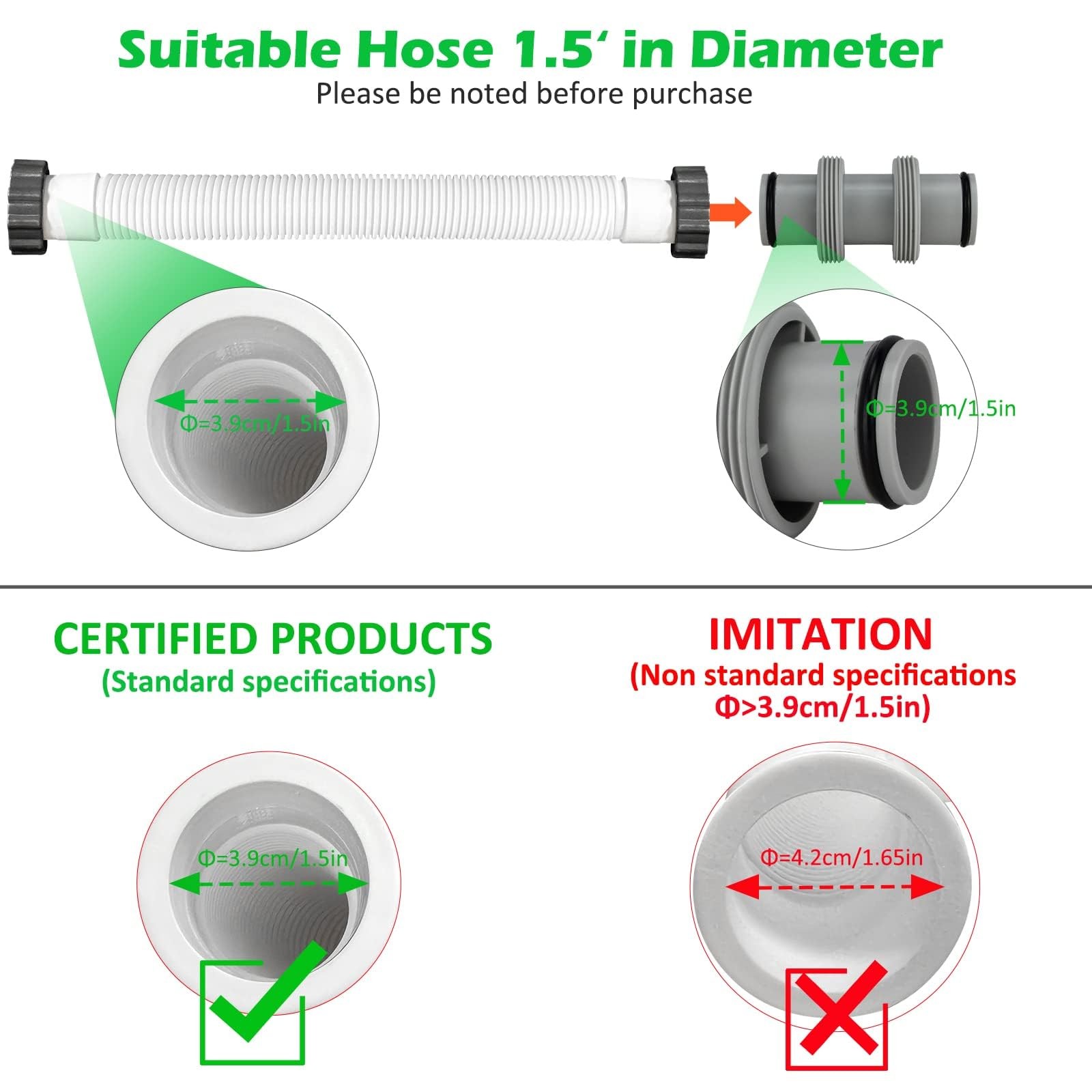 Pool Hose Connector, 1.5&Prime; to T Joint 1.5 inches, Grey 3T