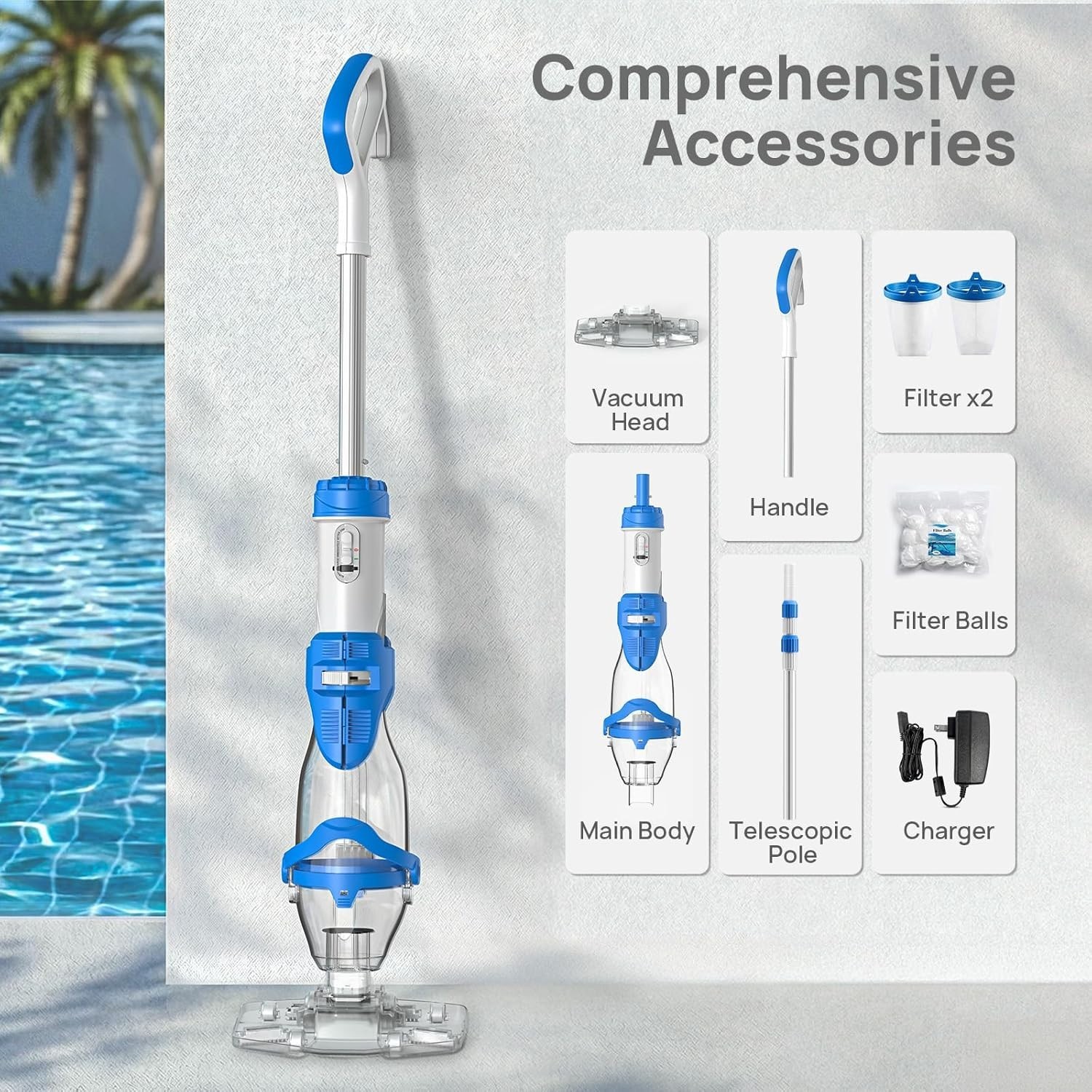 Battery-Powered Pool Vacuum 22 GPM Suction Handheld with 7.3 Ft Telescopic Pole