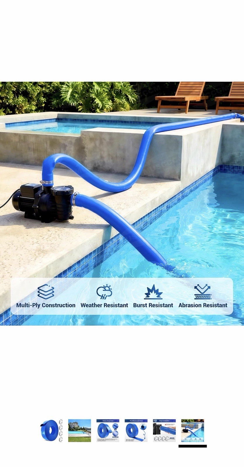 MUSCCCM Pool Hose Extension 2&Prime; x 100 Ft, Weather Resistant, 4 Clamps