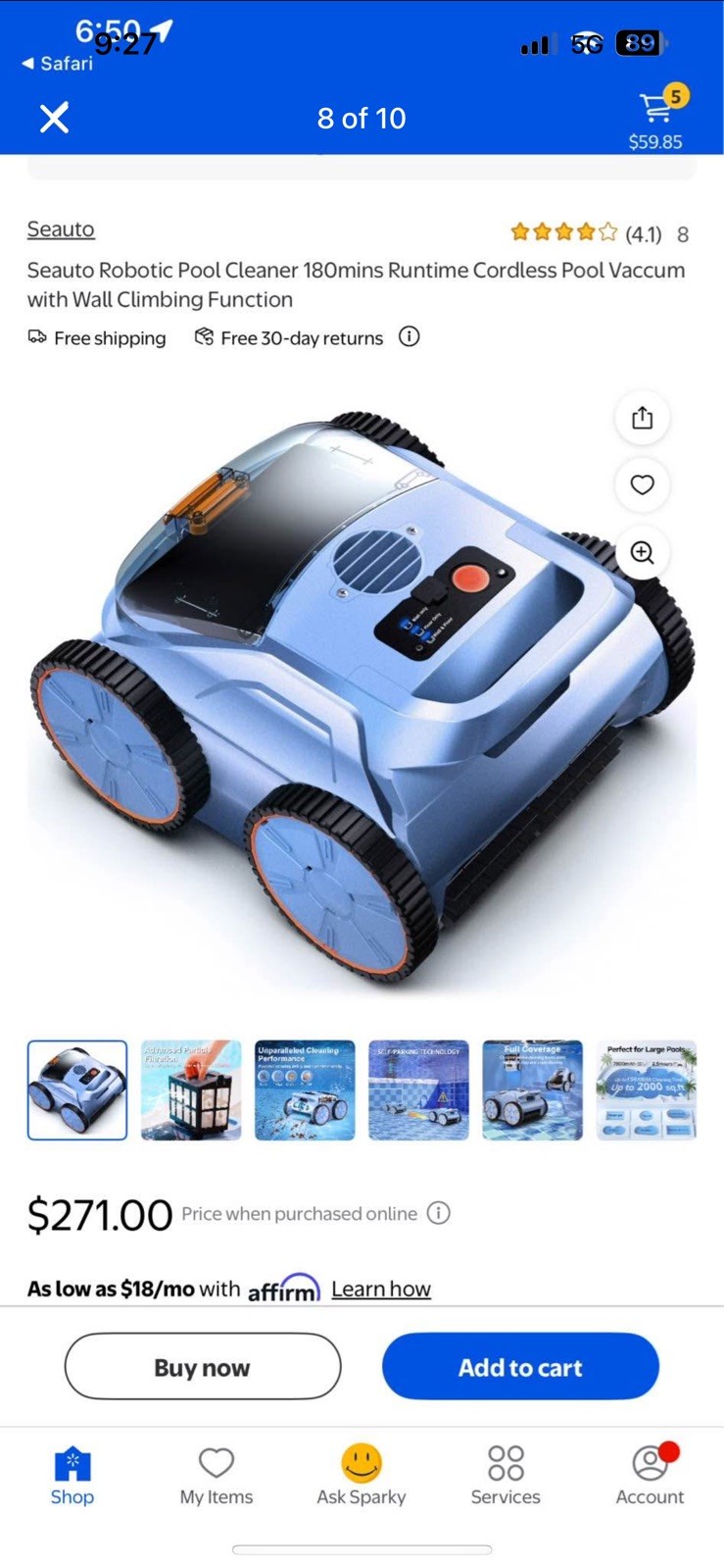 SEAUTO 2025NEW SEAUTO SAT20 POOL VACUUM UP TO 180 MINS RUN – SKY BLUE