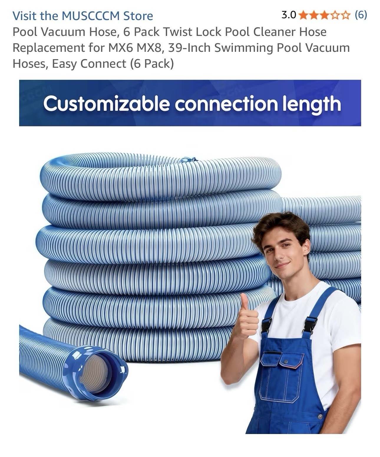 MUSCCCM Twist Lock Easy Connect Pool Hose 6 Pack for MX6 MX8 39-Inch
