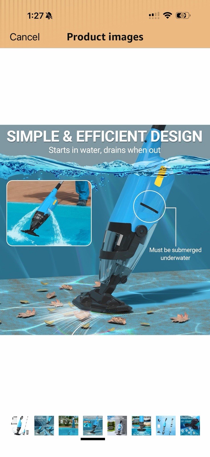aaculpet Cordless Pool Vacuum 60 Min w/ Extension Pole & Filter Blue/Black