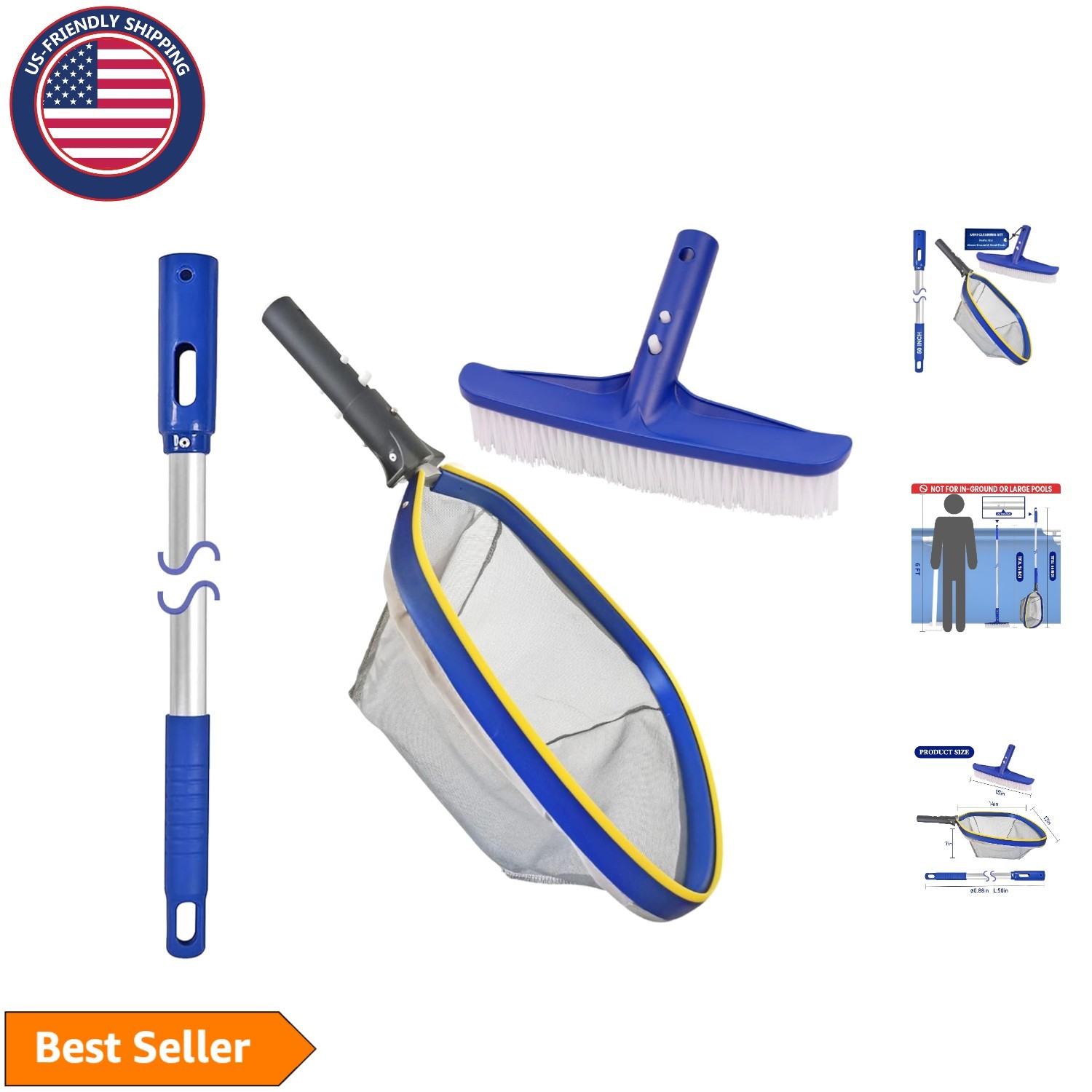 Effortless Pool Maintenance Set: 14 » Brush & Fine Mesh Skimmer Net Included