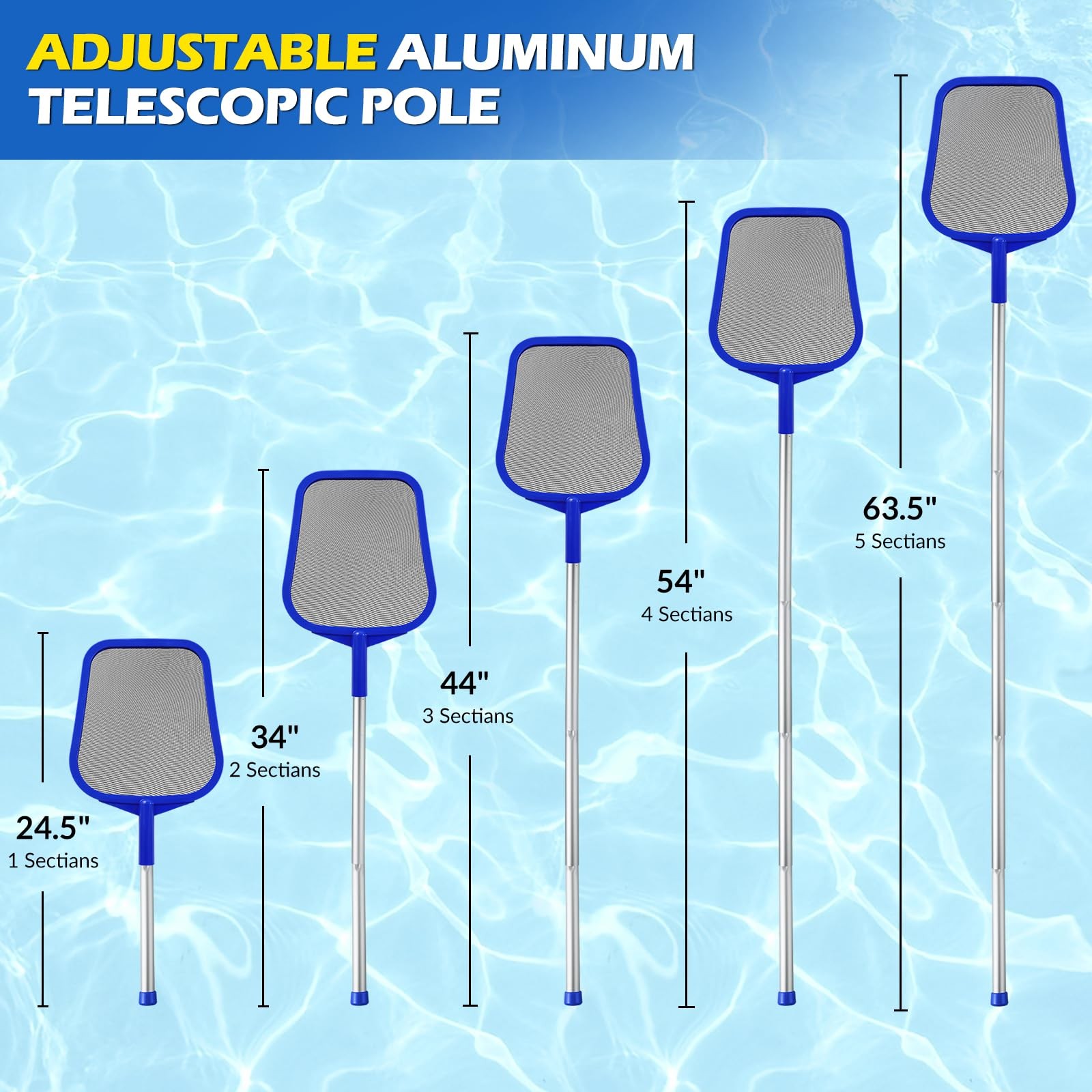 Adjustable Pool Skimmer Net with Telescopic Pole & Ultra Fine Mesh Rake